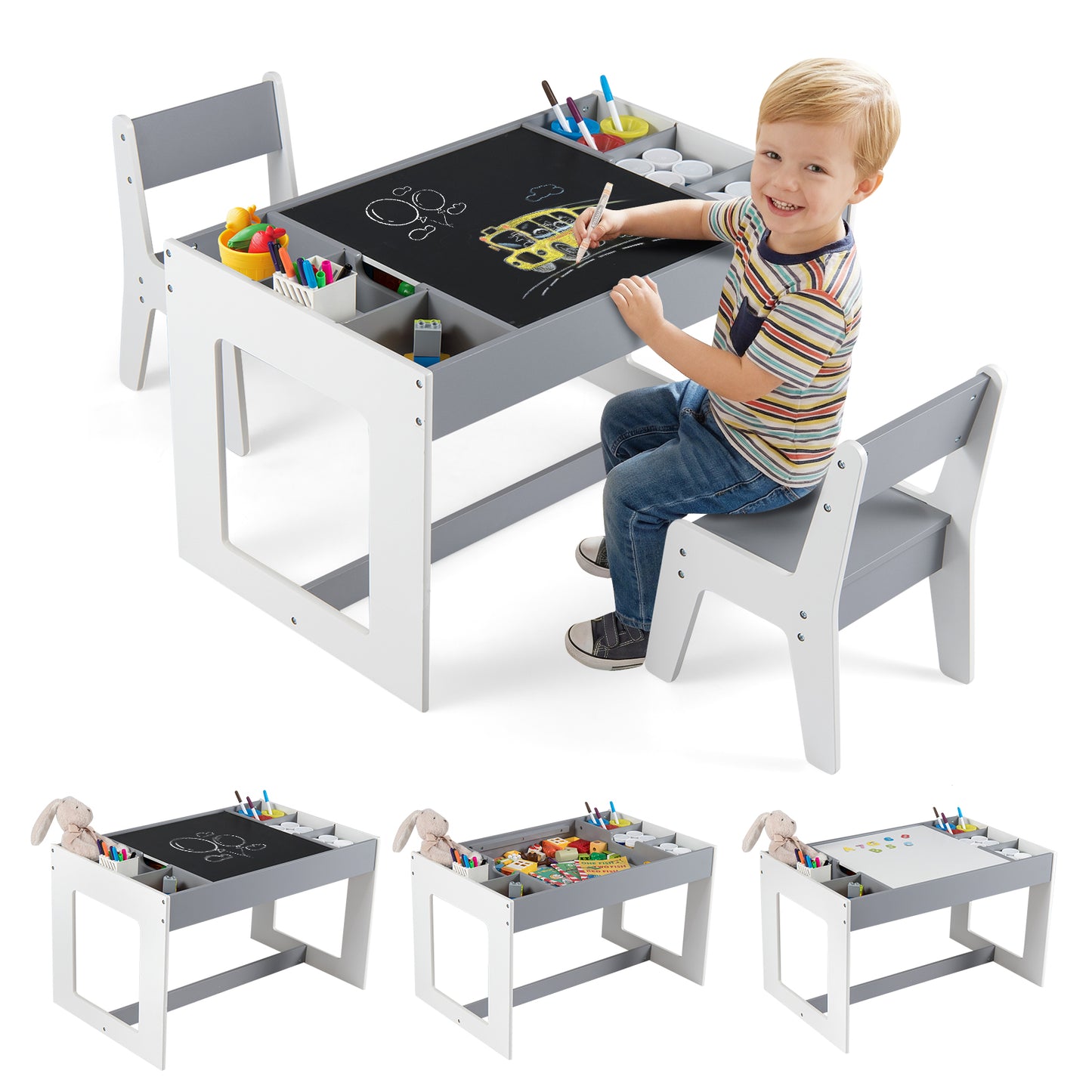 Kids Table and 2 Chairs Set with Double-Sided Chalkboard