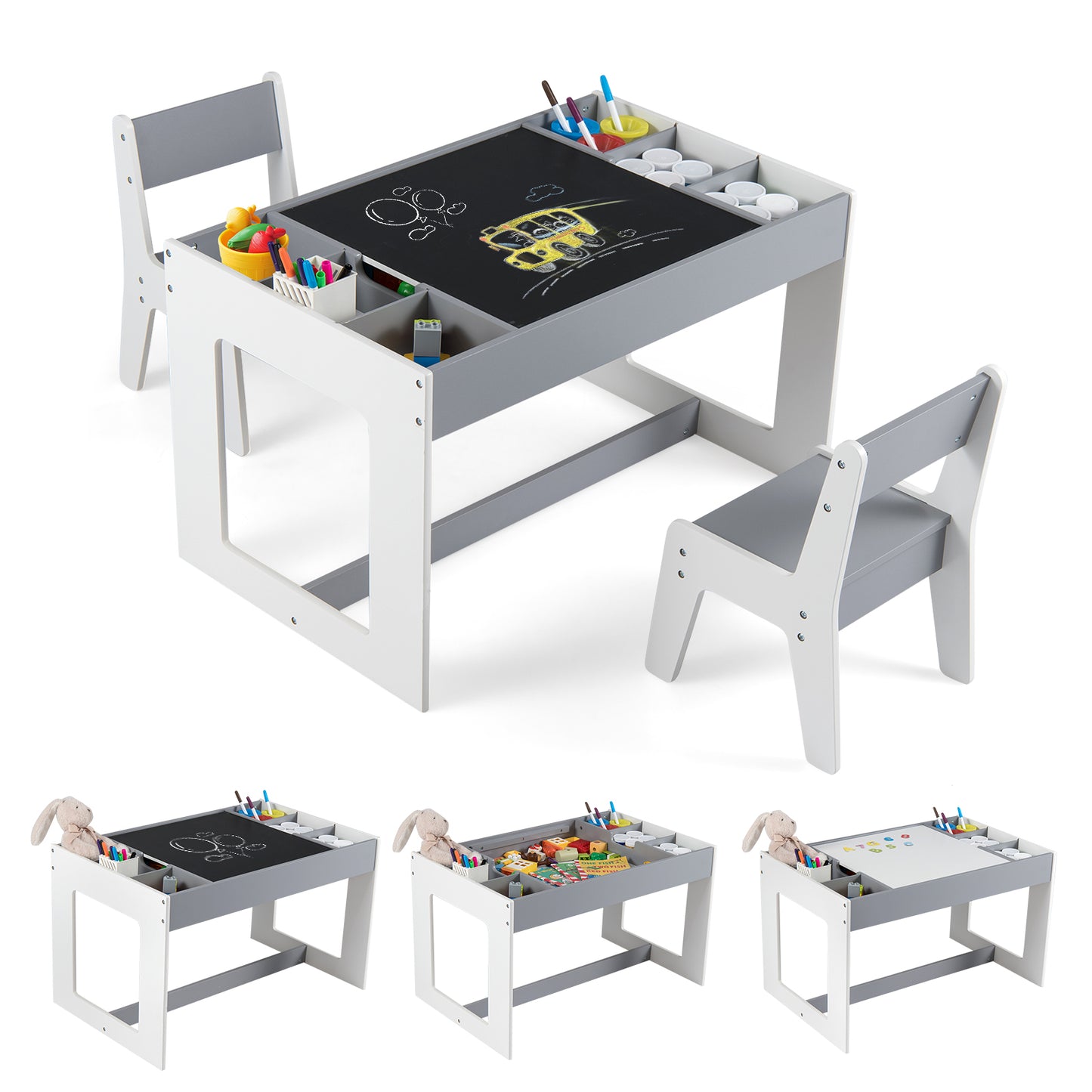 Kids Table and 2 Chairs Set with Double-Sided Chalkboard