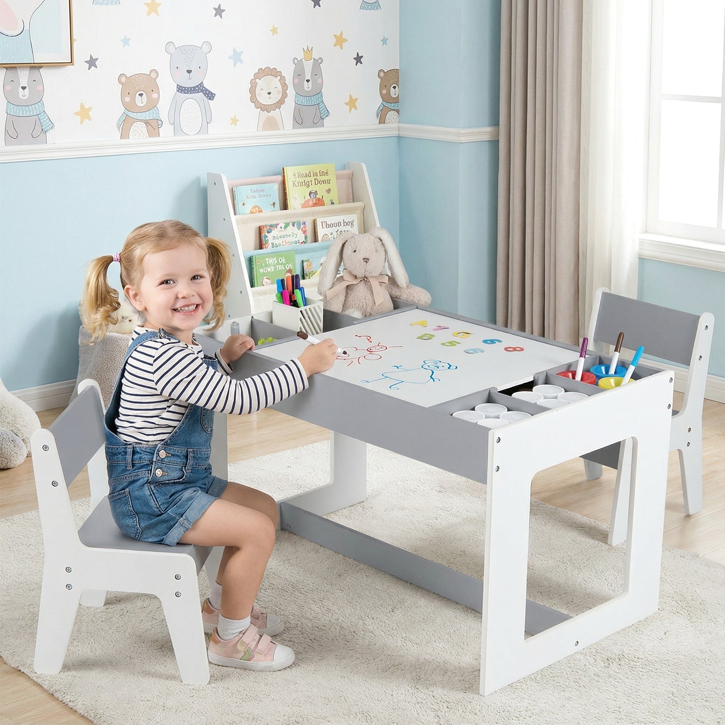 Kids Table and 2 Chairs Set with Double-Sided Chalkboard