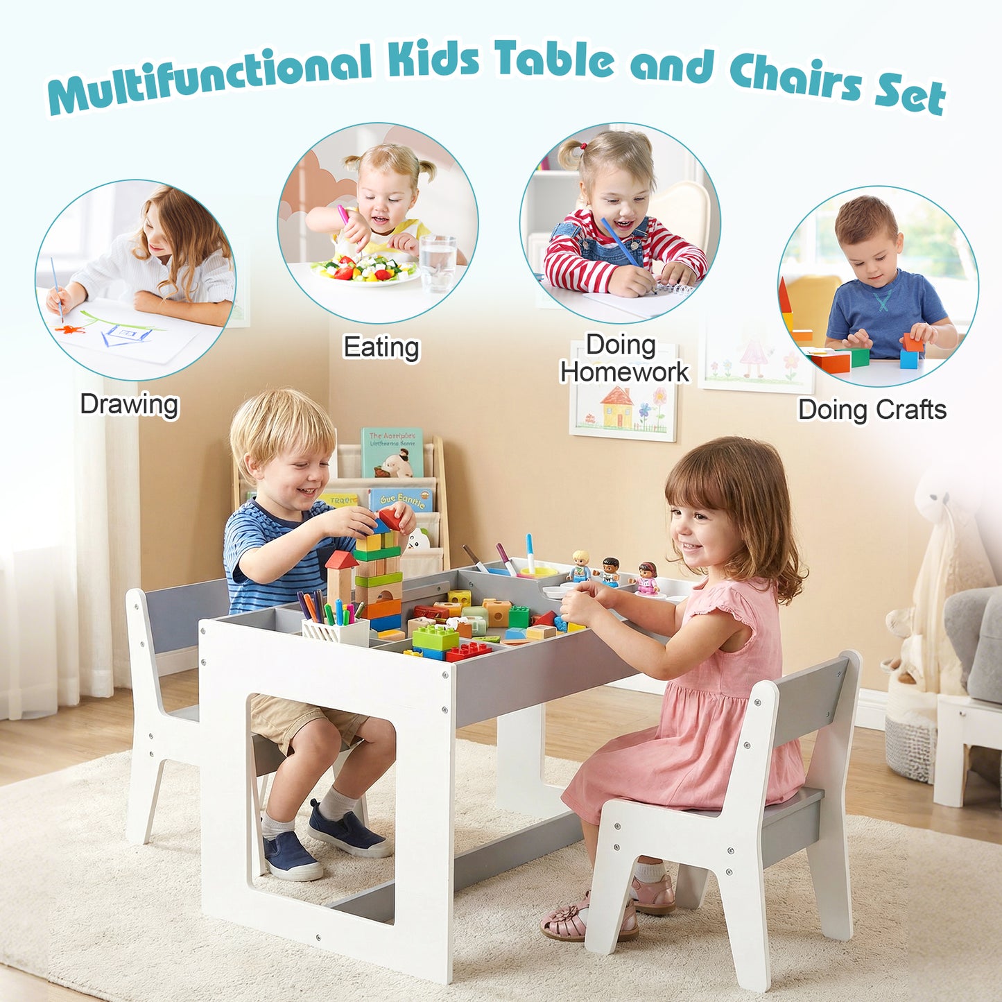 Kids Table and 2 Chairs Set with Double-Sided Chalkboard