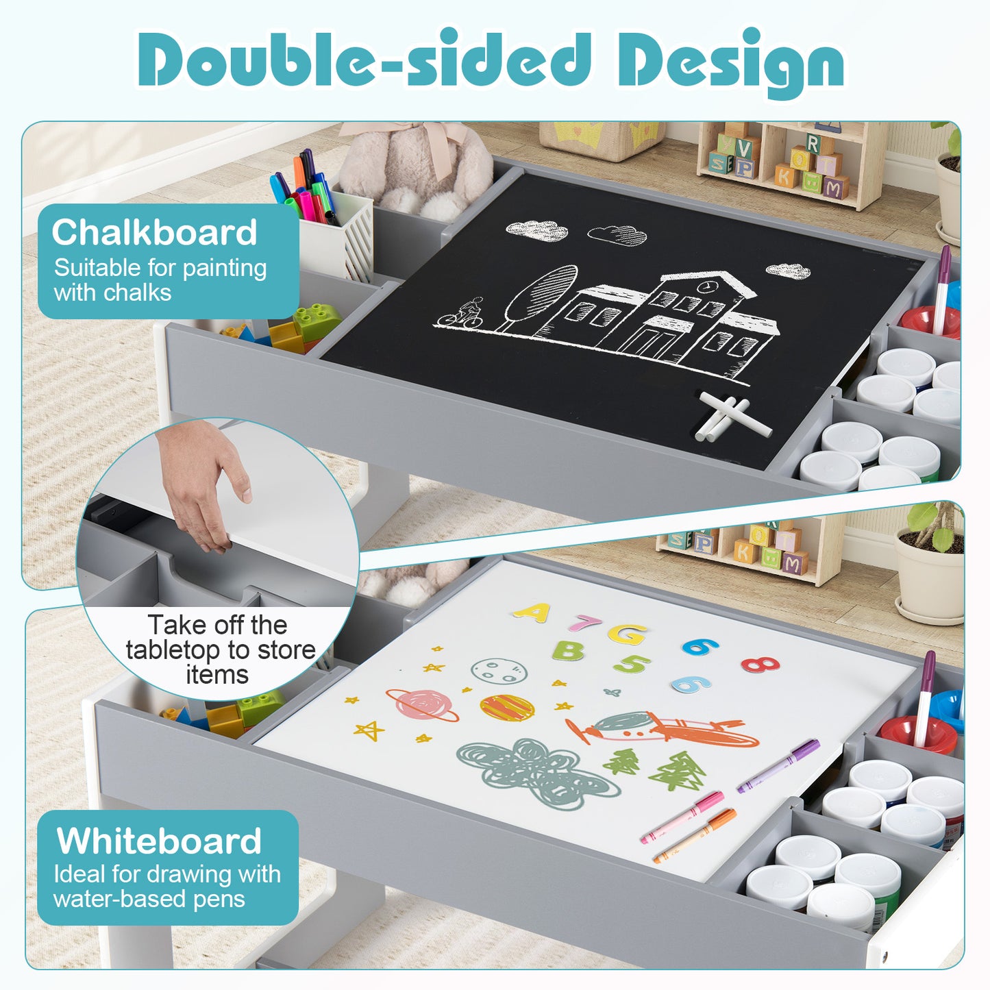 Kids Table and 2 Chairs Set with Double-Sided Chalkboard
