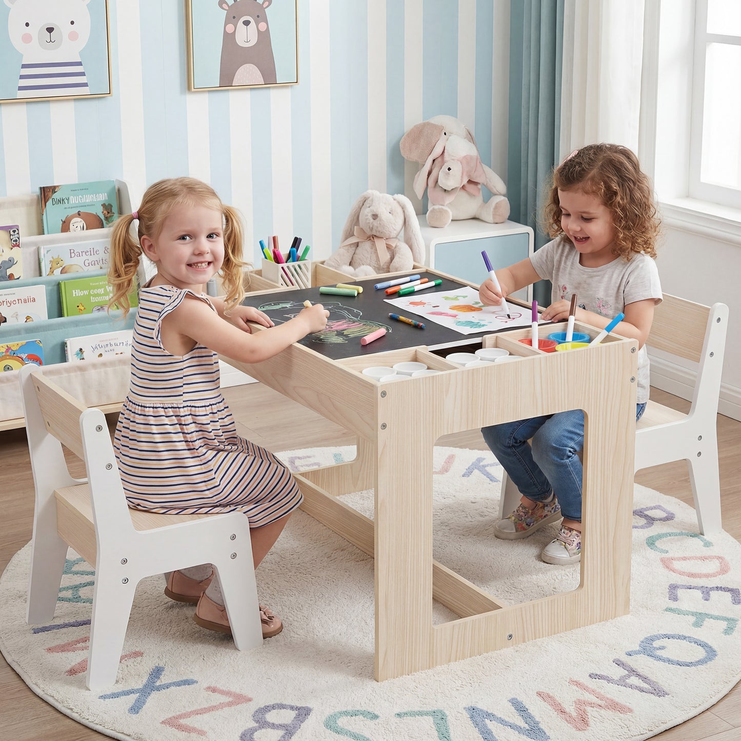 Kids Table and 2 Chairs Set with Double-Sided Chalkboard