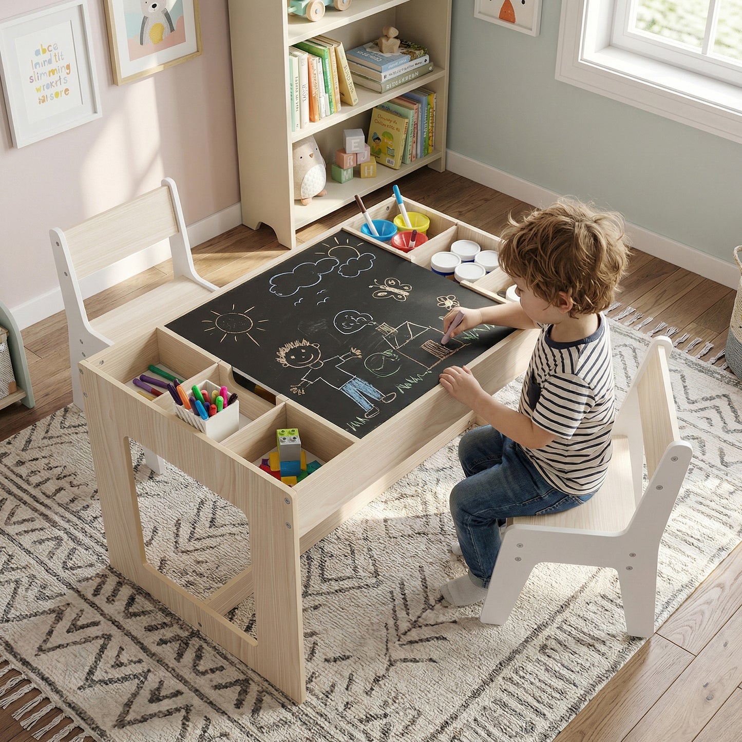 Kids Table and 2 Chairs Set with Double-Sided Chalkboard