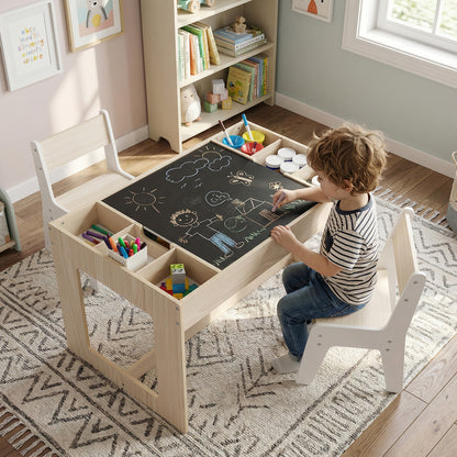 Kids Table and 2 Chairs Set with Double-Sided Chalkboard