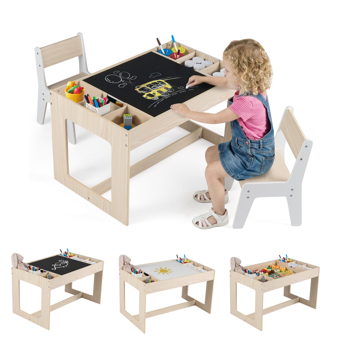 Kids Table and 2 Chairs Set with Double-Sided Chalkboard