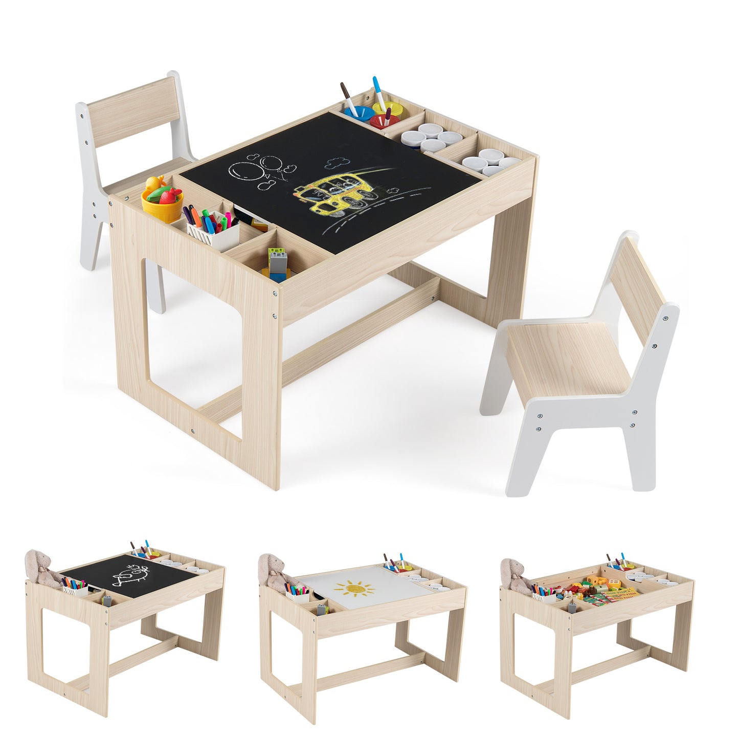 Kids Table and 2 Chairs Set with Double-Sided Chalkboard