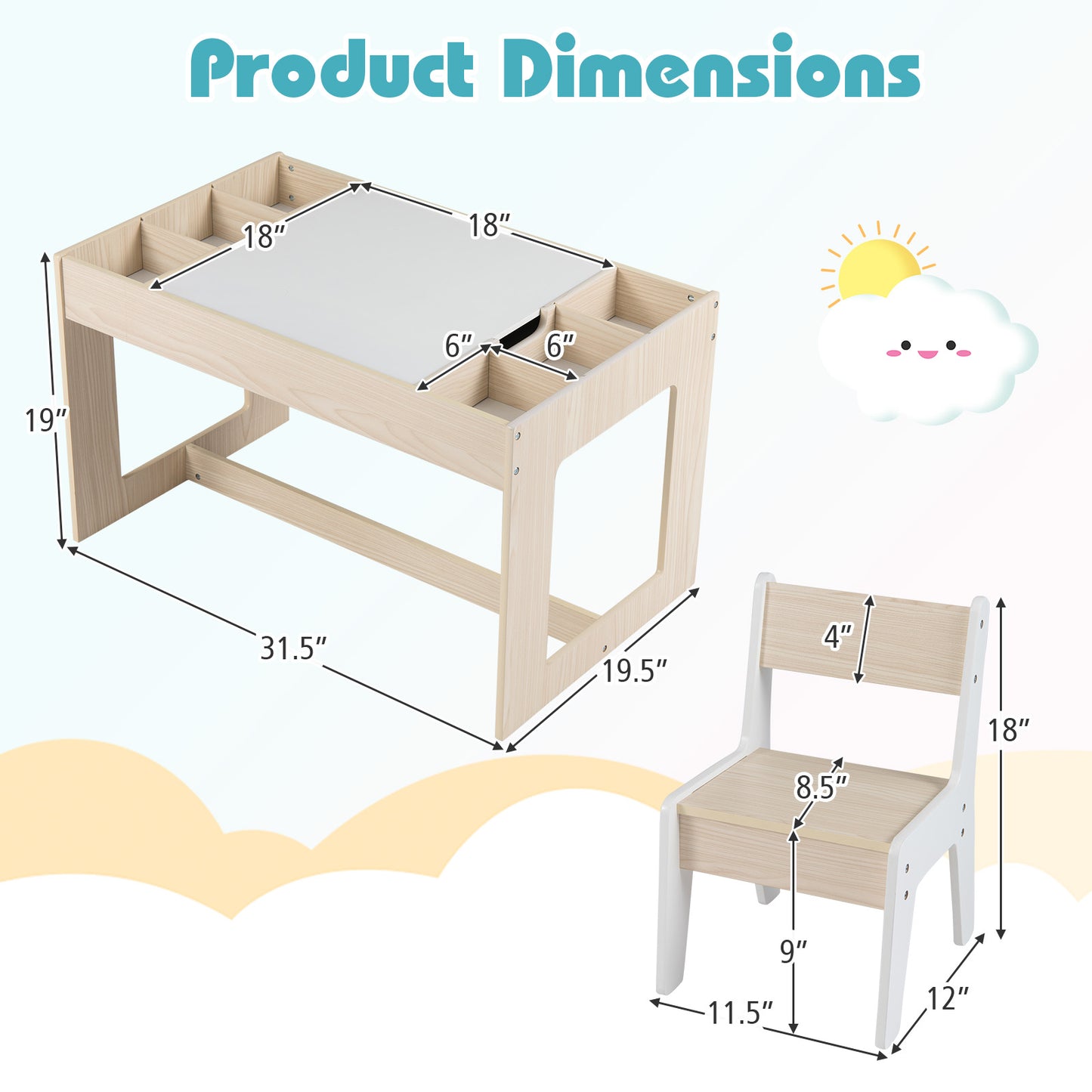Kids Table and 2 Chairs Set with Double-Sided Chalkboard
