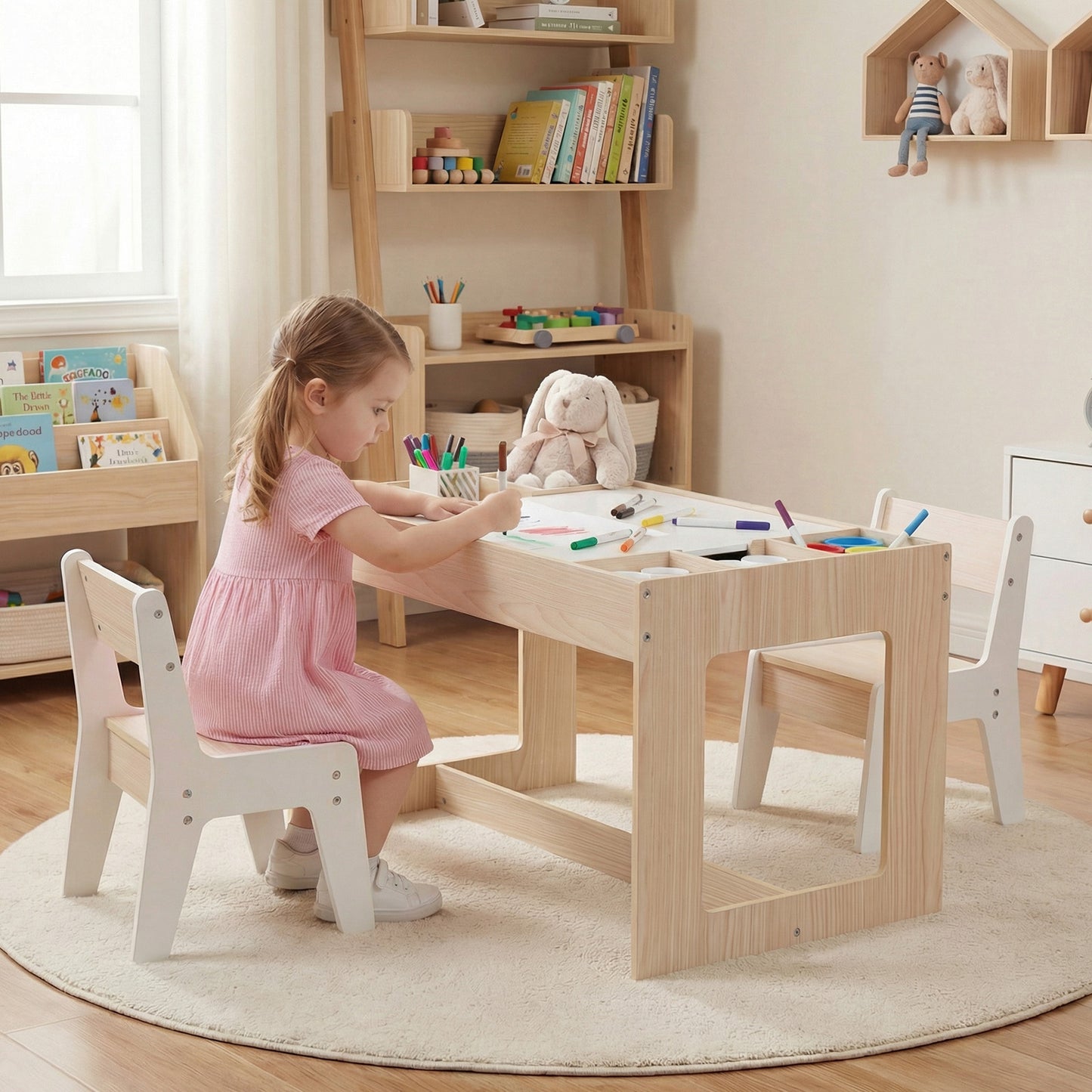 Kids Table and 2 Chairs Set with Double-Sided Chalkboard