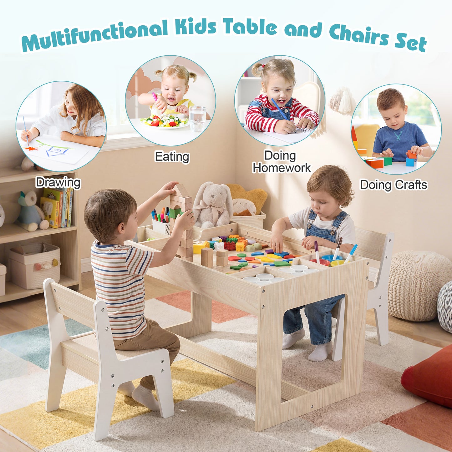 Kids Table and 2 Chairs Set with Double-Sided Chalkboard
