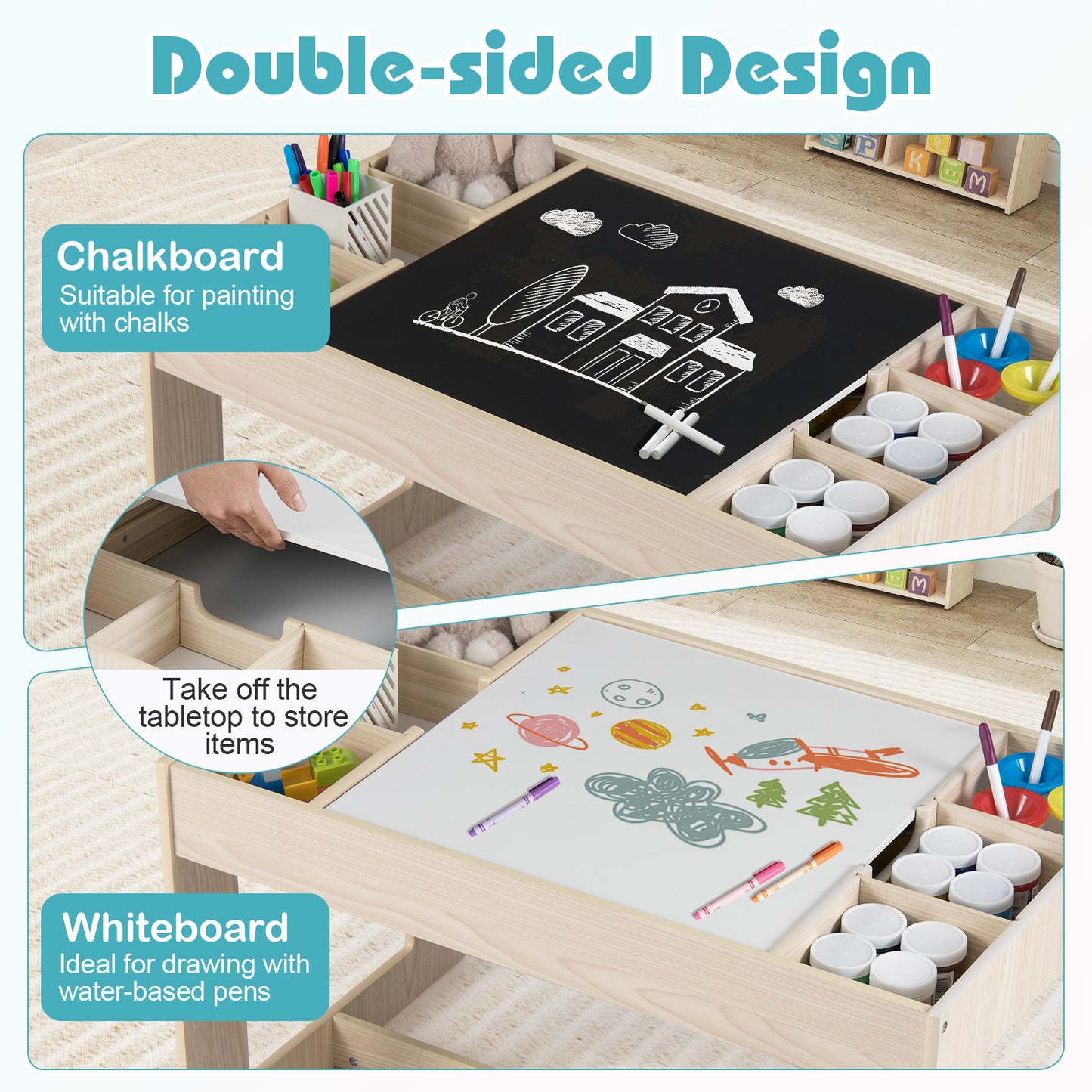 Kids Table and 2 Chairs Set with Double-Sided Chalkboard