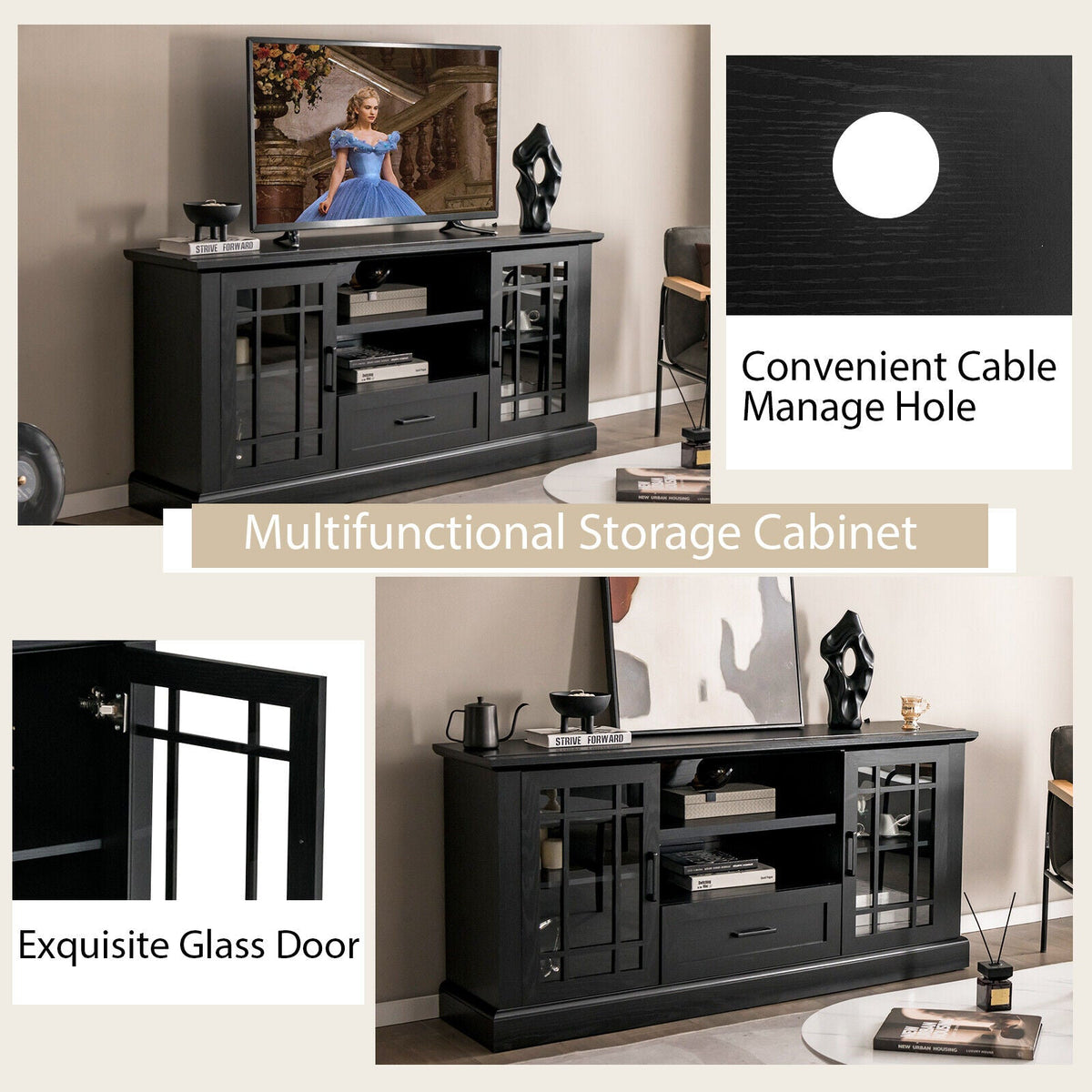 TV Stand for TVs up to 70 with Glass Doors Cubbies and Drawer