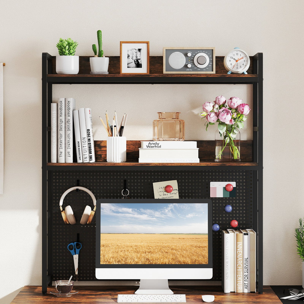 Multipurpose 2-Tier Desktop Bookshelf with Pegboard for up to 32 Inch Computer Monitor-Rustic Brown