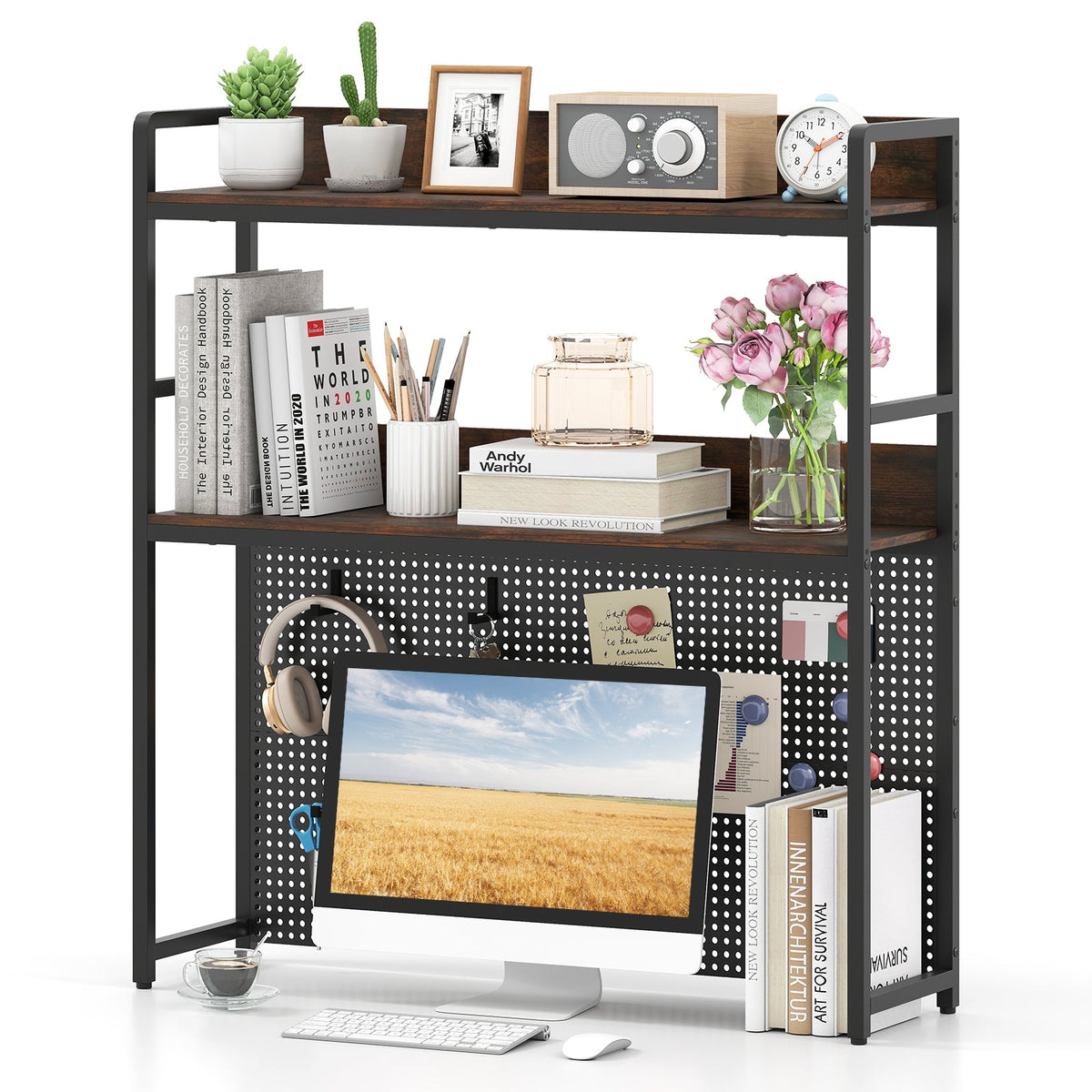 Multipurpose 2-Tier Desktop Bookshelf with Pegboard for up to 32 Inch Computer Monitor-Rustic Brown