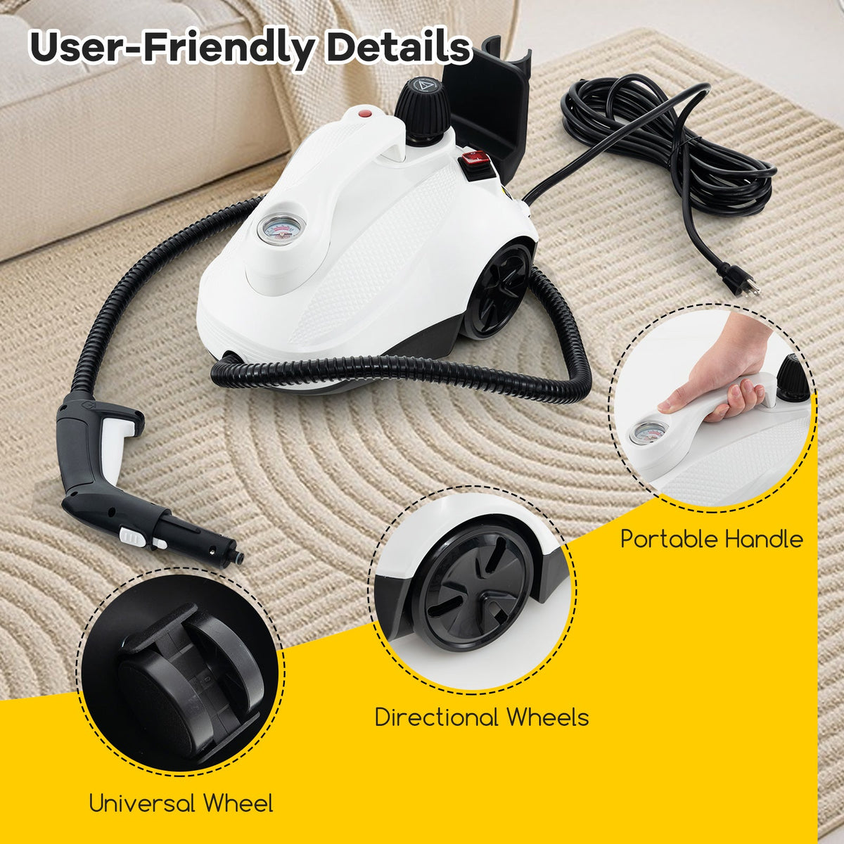 Multipurpose Steam Cleaner 1800W Portable Household Steamer with 61 oz Tank-Gray & White