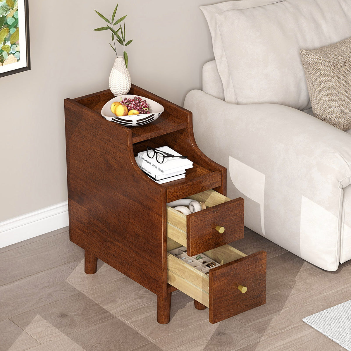 Solid Wood End Table Narrow Bedside Table with Pull-out Tray and 2 Storage Drawers-Brown
