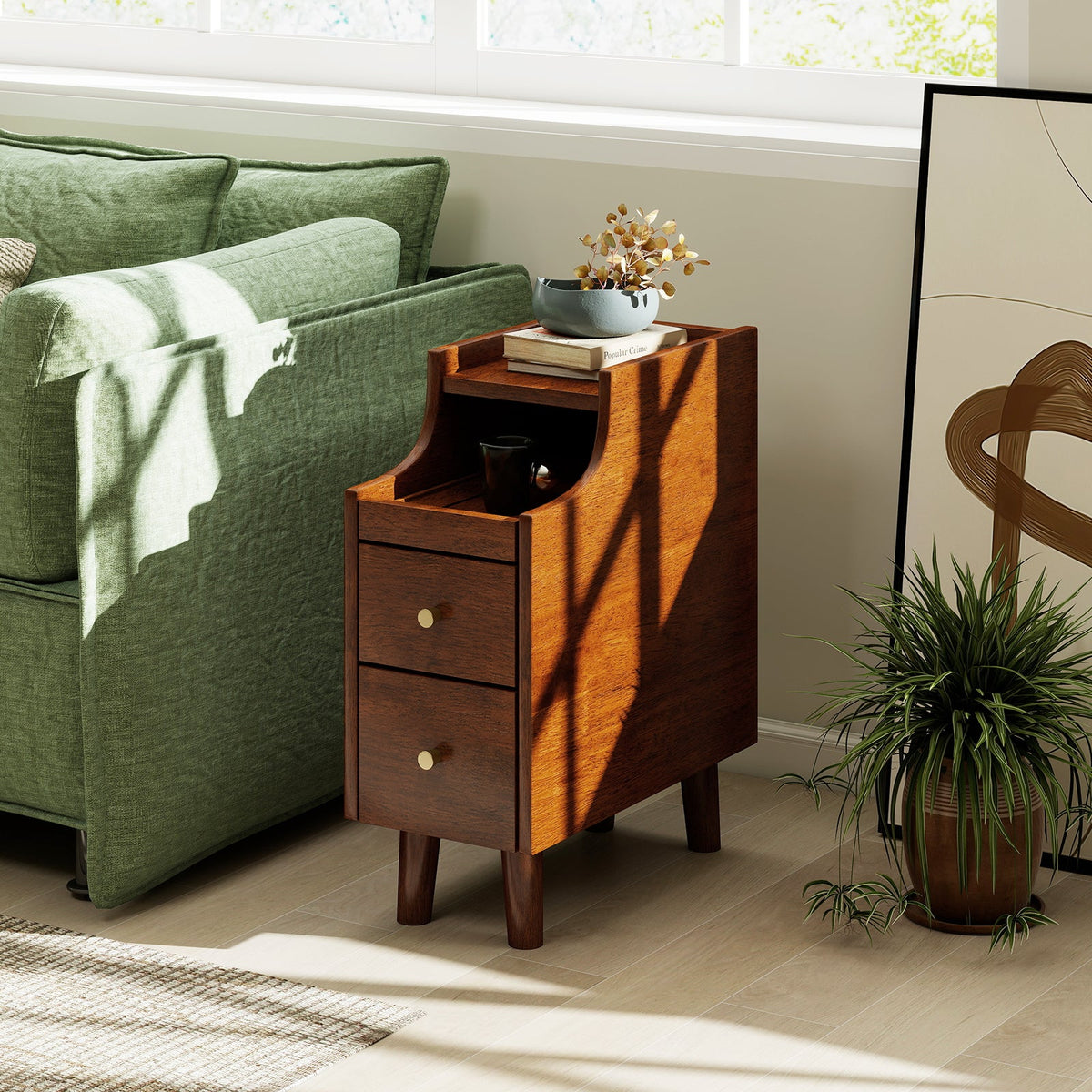 Solid Wood End Table Narrow Bedside Table with Pull-out Tray and 2 Storage Drawers-Brown