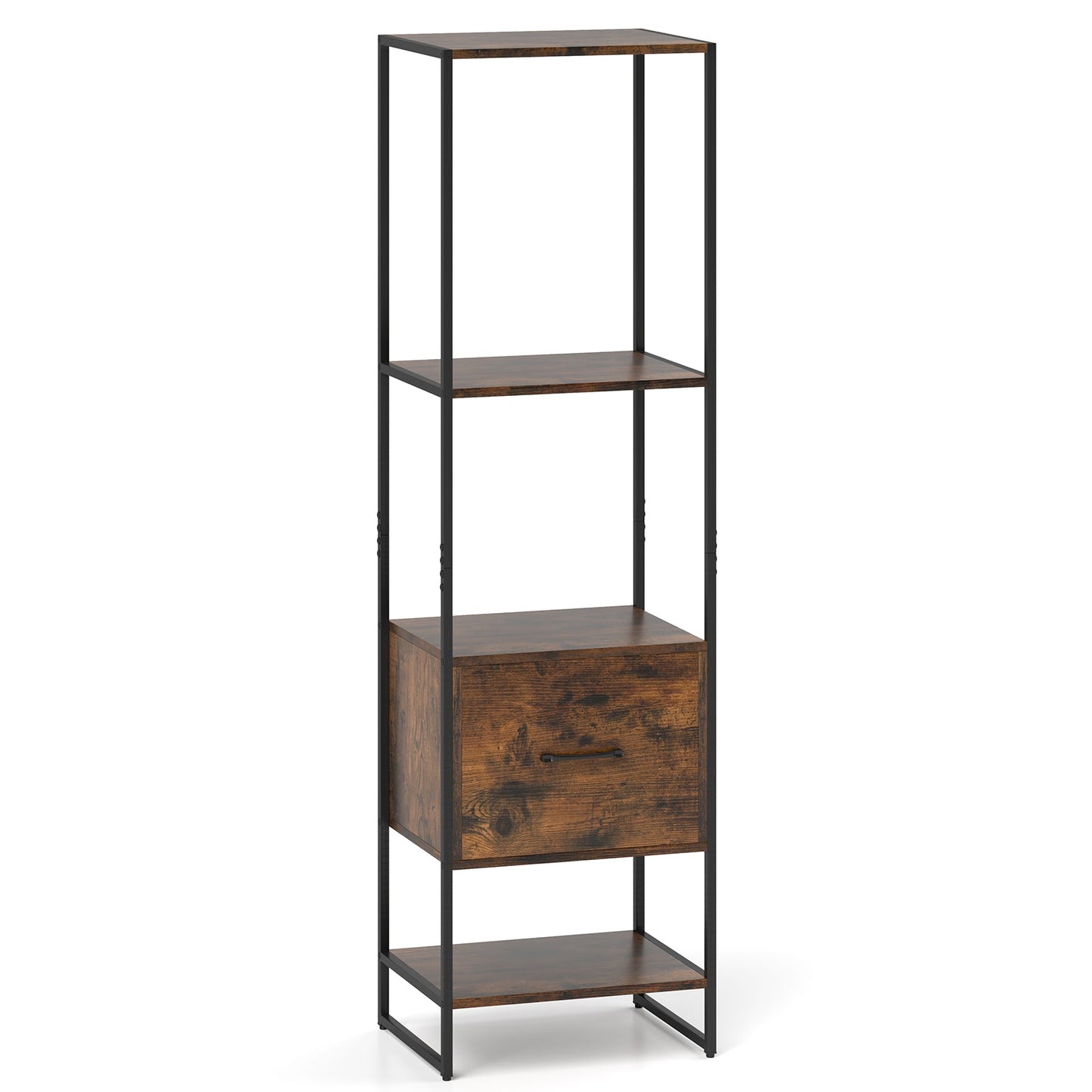 5-Tier Narrow Bookcase with 4 Open Shelves and Storage Drawer