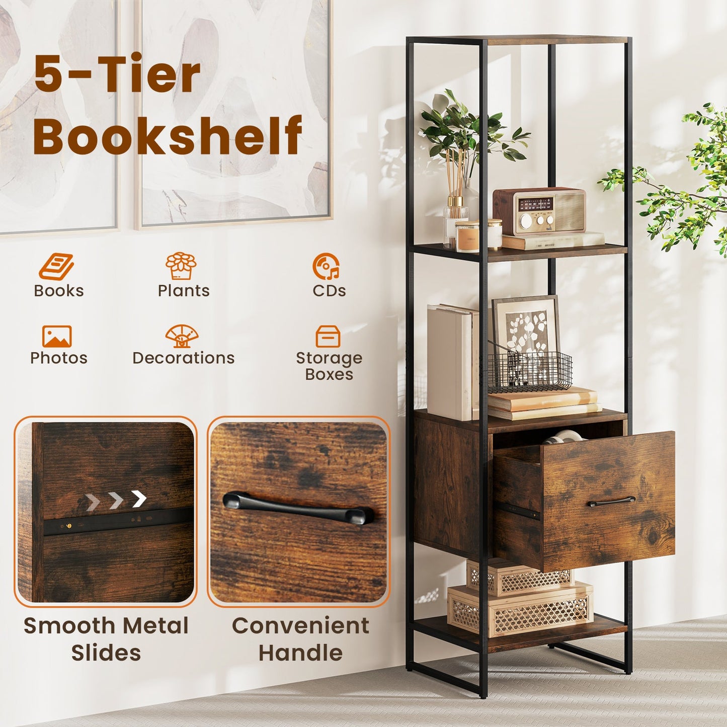 5-Tier Narrow Bookcase with 4 Open Shelves and Storage Drawer