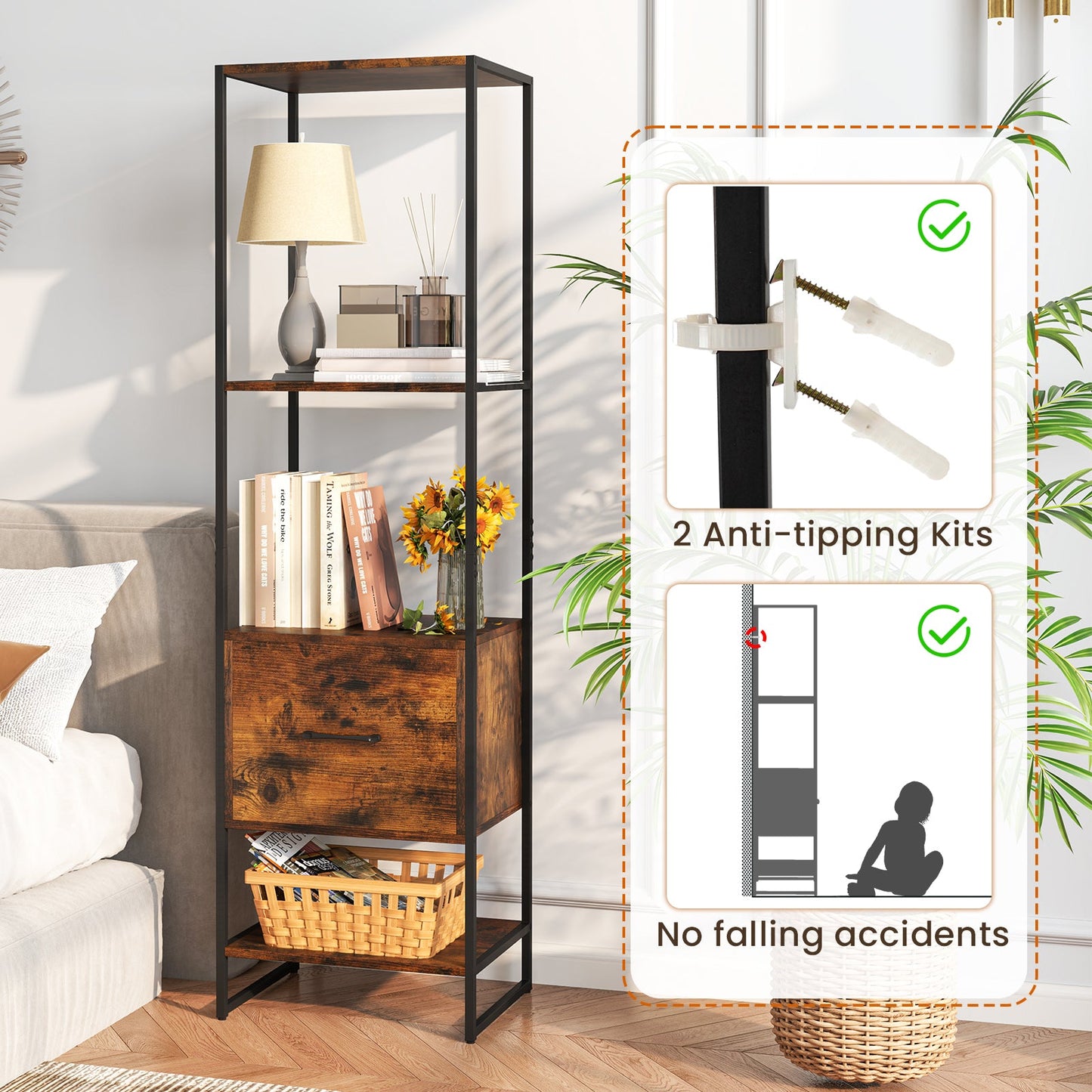 5-Tier Narrow Bookcase with 4 Open Shelves and Storage Drawer