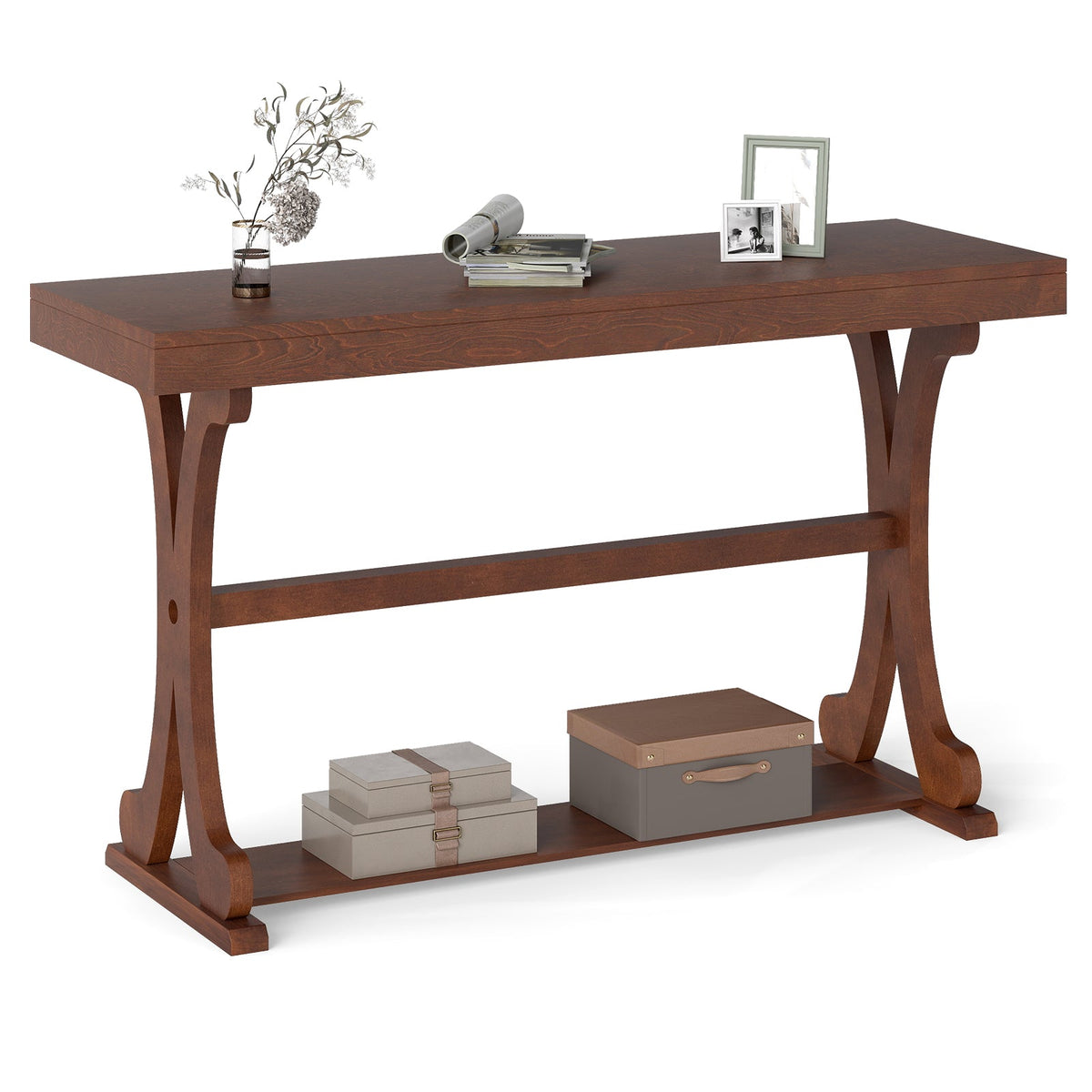 Narrow Console Table Vintage 52 Inch Long with Open Storage Shelf