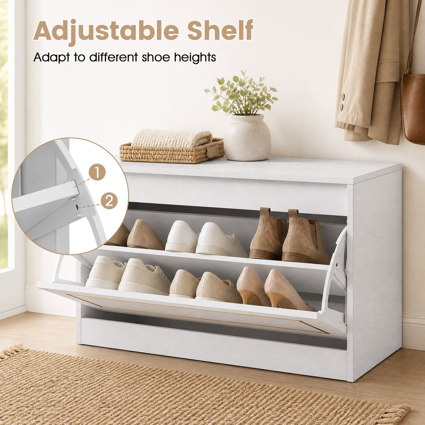 Narrow Shoe Cabinet with Flip Drawer and Adjustable Shelf