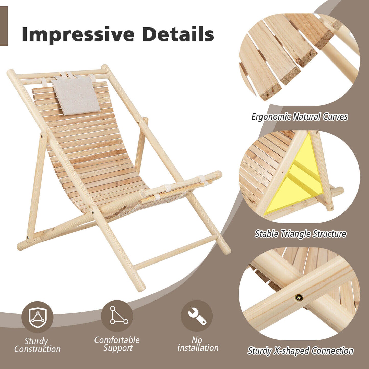 Fir Wood Lounge Chair with Adjustable Backrest