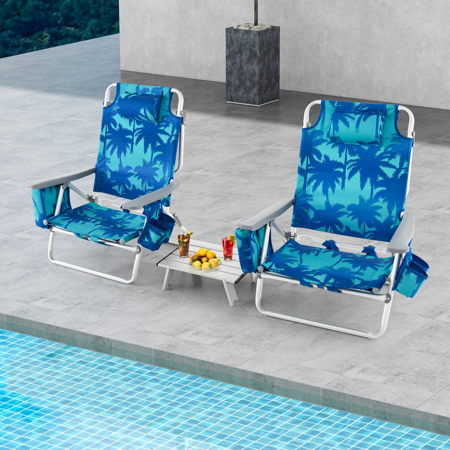 Folding Beach Chair Set with Table - 2 Pack Reclining Chairs