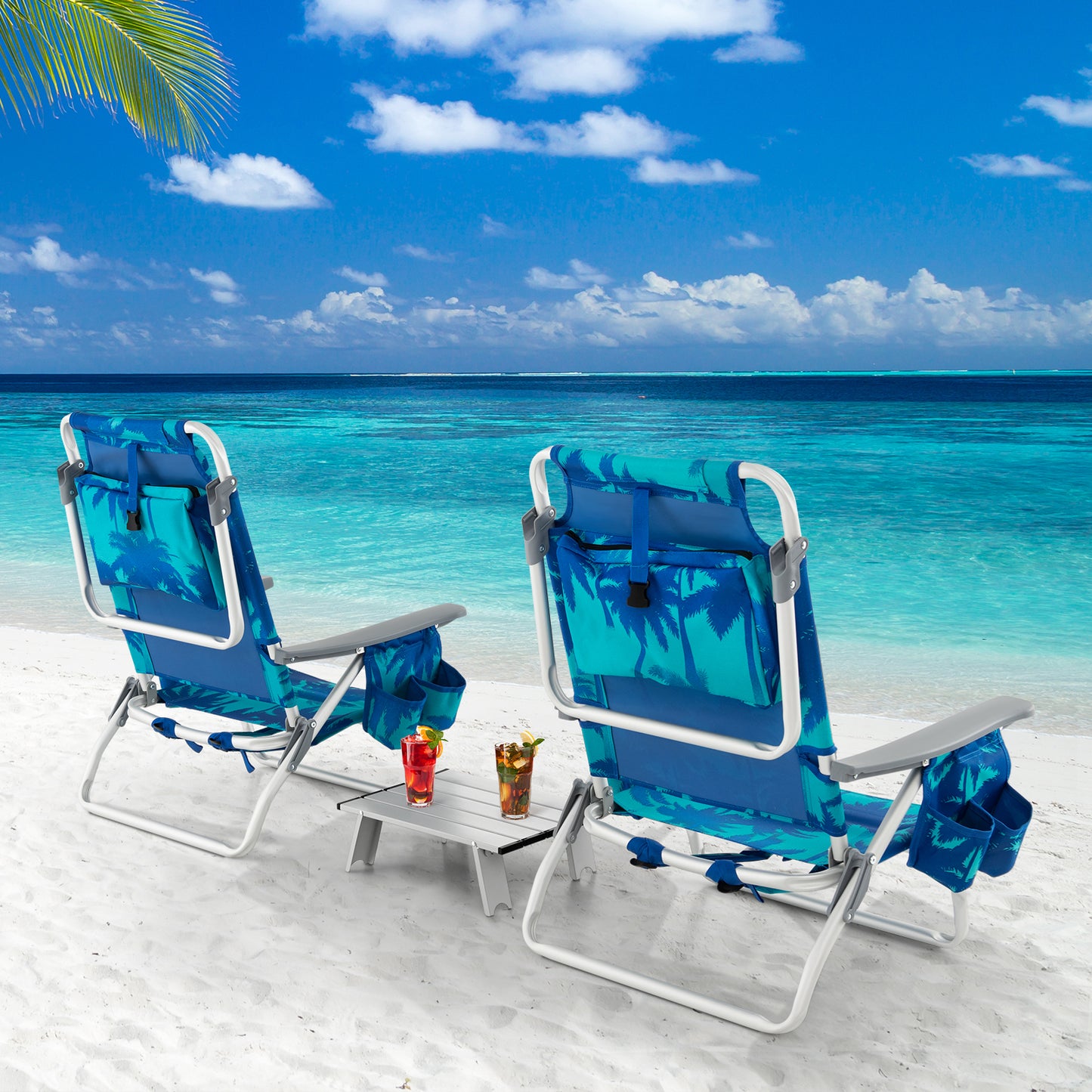 Folding Beach Chair Set with Table - 2 Pack Reclining Chairs