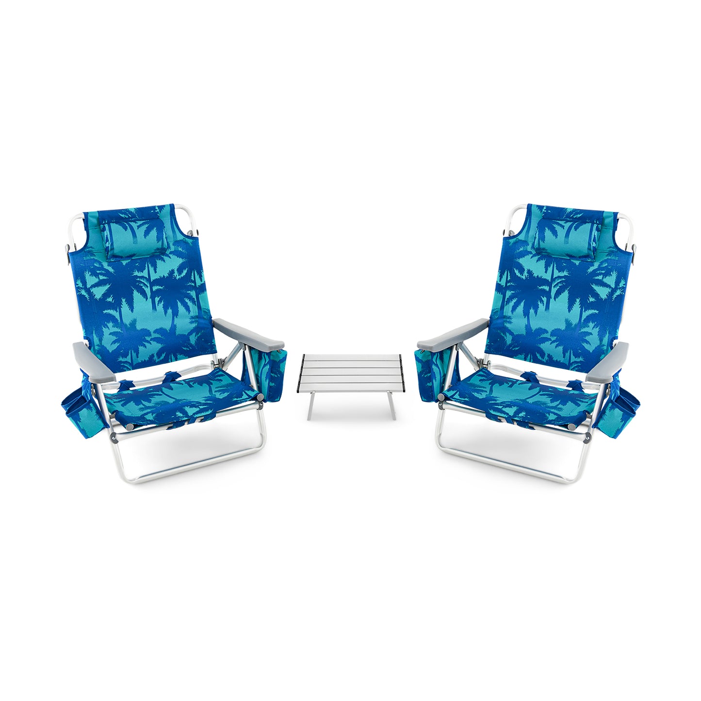 Folding Beach Chair Set with Table - 2 Pack Reclining Chairs