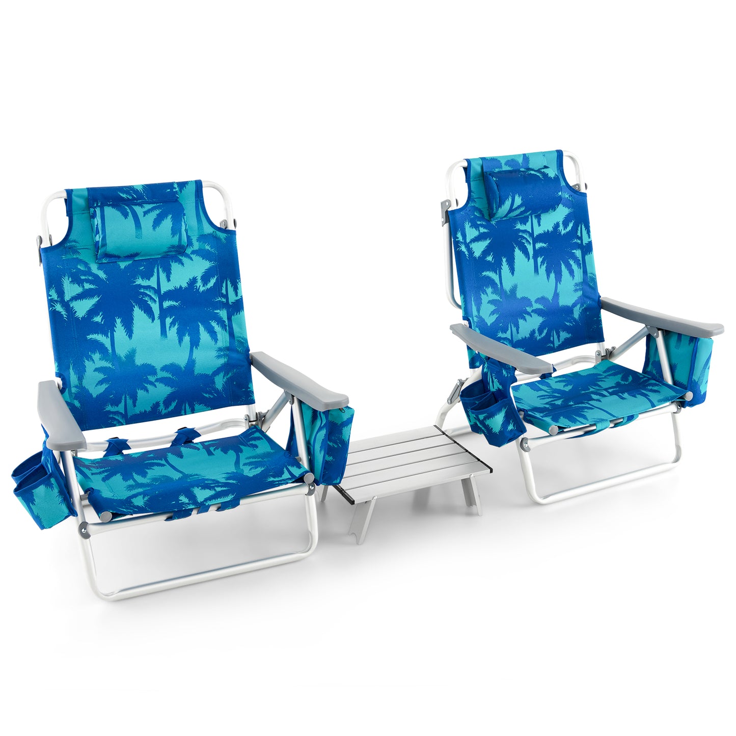 Folding Beach Chair Set with Table - 2 Pack Reclining Chairs