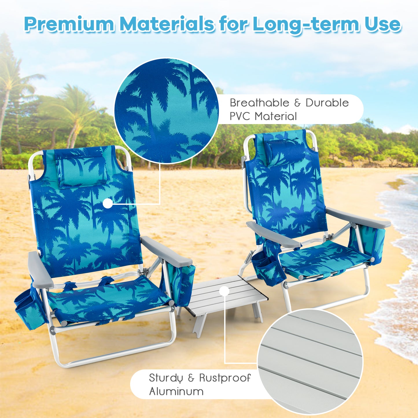 Folding Beach Chair Set with Table - 2 Pack Reclining Chairs