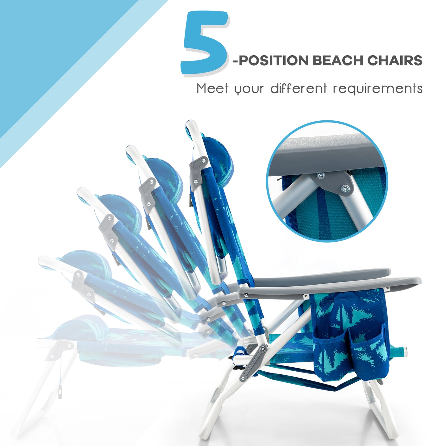 Folding Beach Chair Set with Table - 2 Pack Reclining Chairs