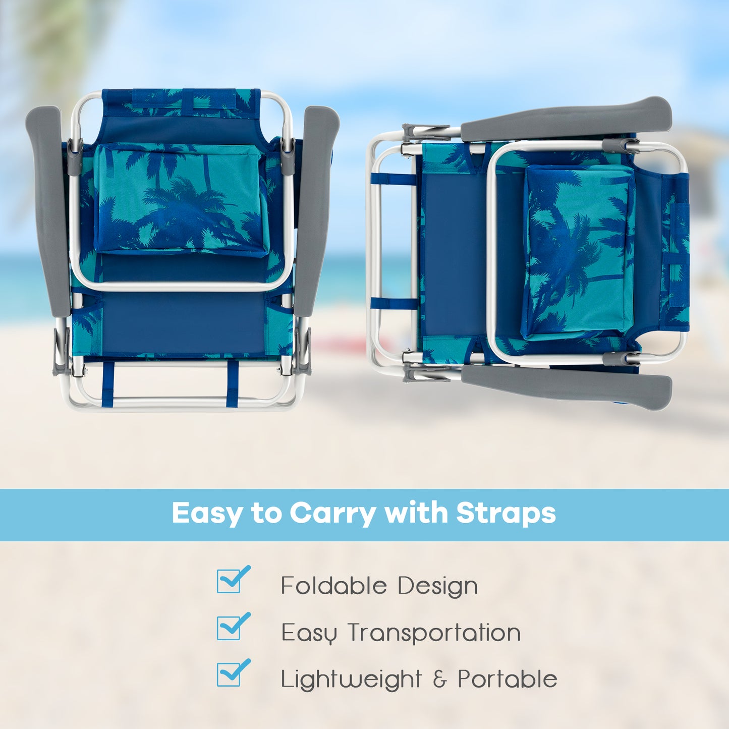 Folding Beach Chair Set with Table - 2 Pack Reclining Chairs