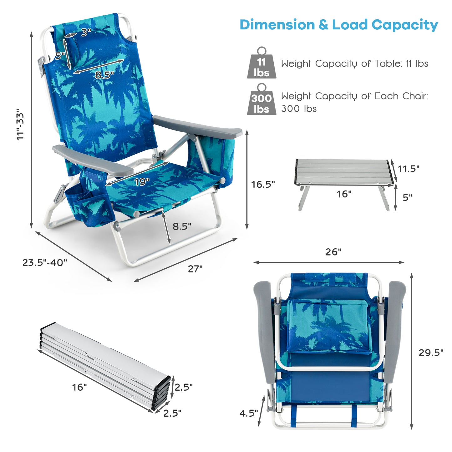 Folding Beach Chair Set with Table - 2 Pack Reclining Chairs