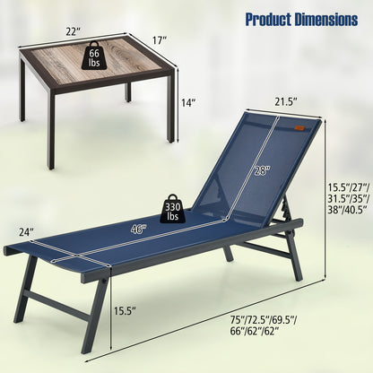 3-Piece Patio Chaise Lounge Set with Adjustable Backrest