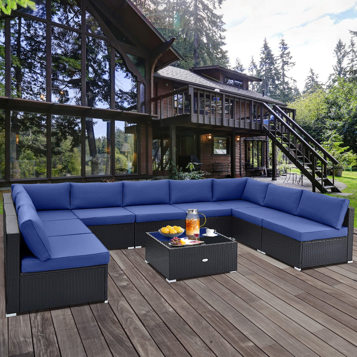 10 Piece Outdoor Wicker Conversation Set with Seat and Back Cushions