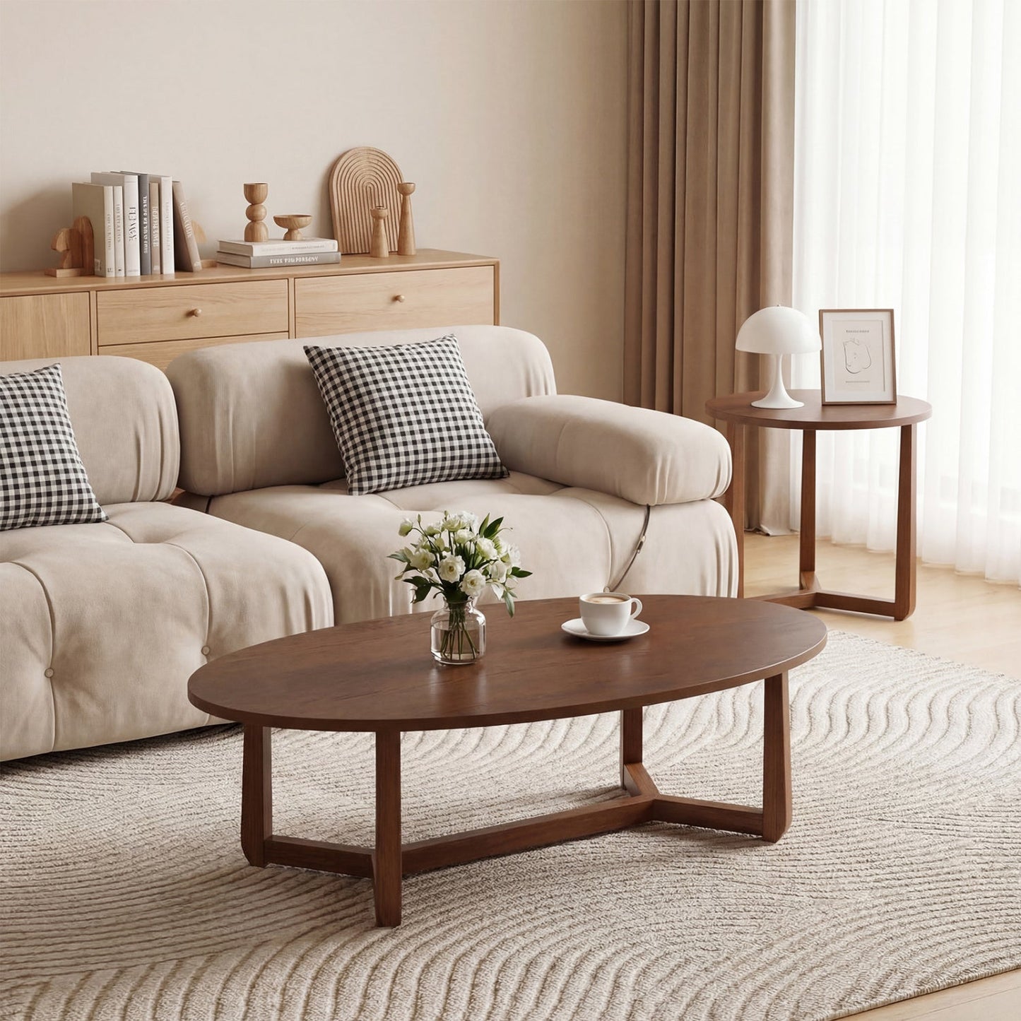Nesting Coffee Table Set of 2 with Wood Veneered Top and Solid Rubber Wood Legs