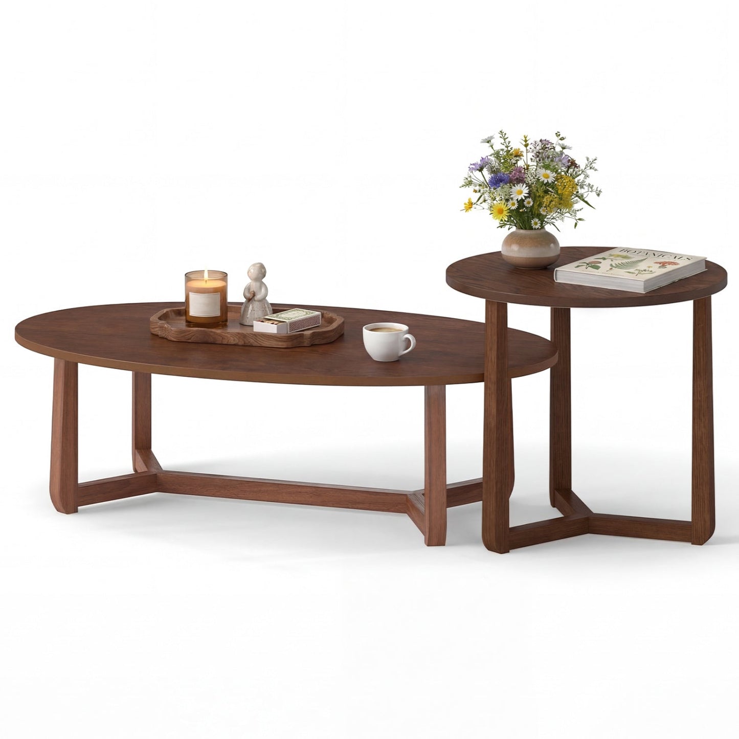 Nesting Coffee Table Set of 2 with Wood Veneered Top and Solid Rubber Wood Legs