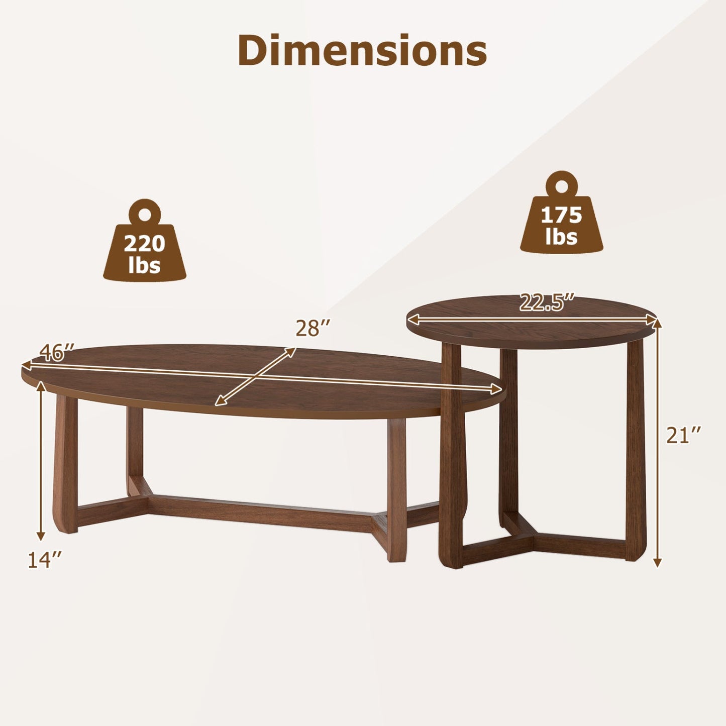 Nesting Coffee Table Set of 2 with Wood Veneered Top and Solid Rubber Wood Legs