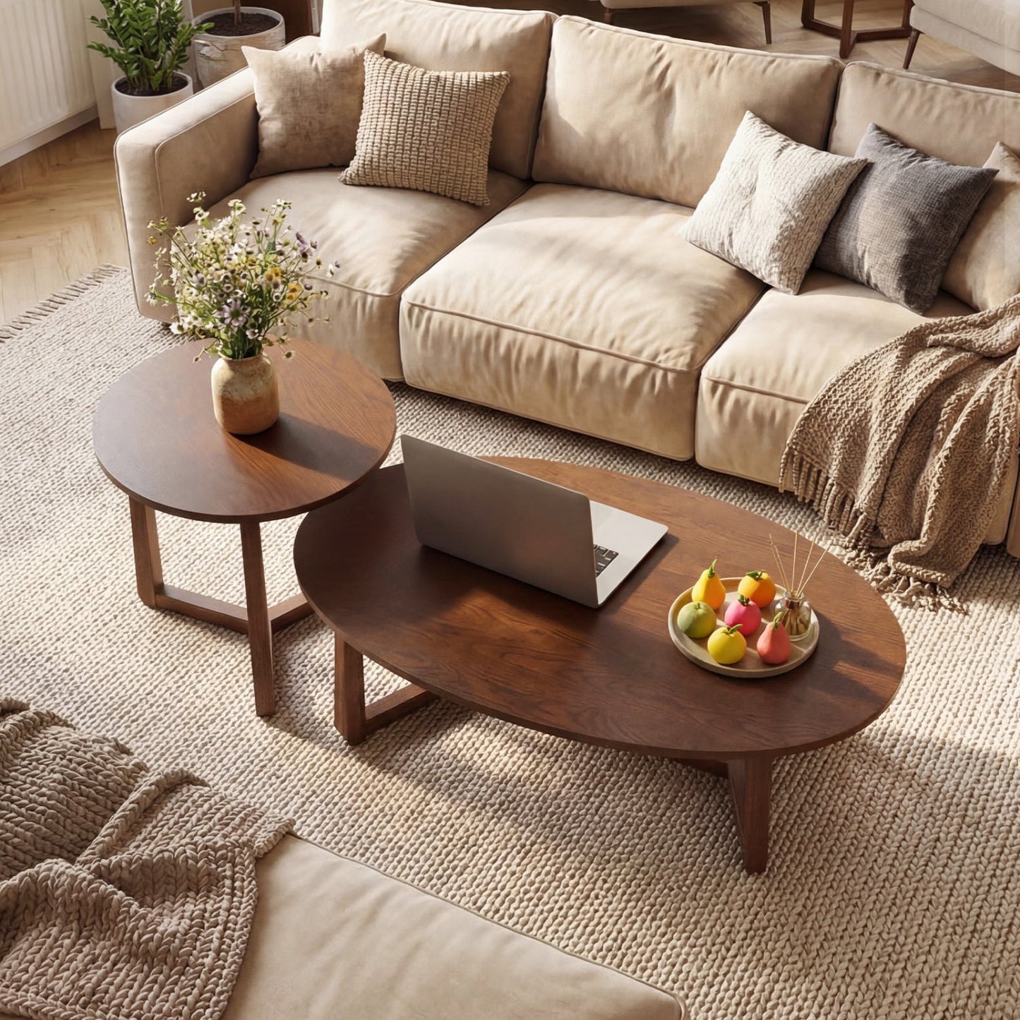 Nesting Coffee Table Set of 2 with Wood Veneered Top and Solid Rubber Wood Legs