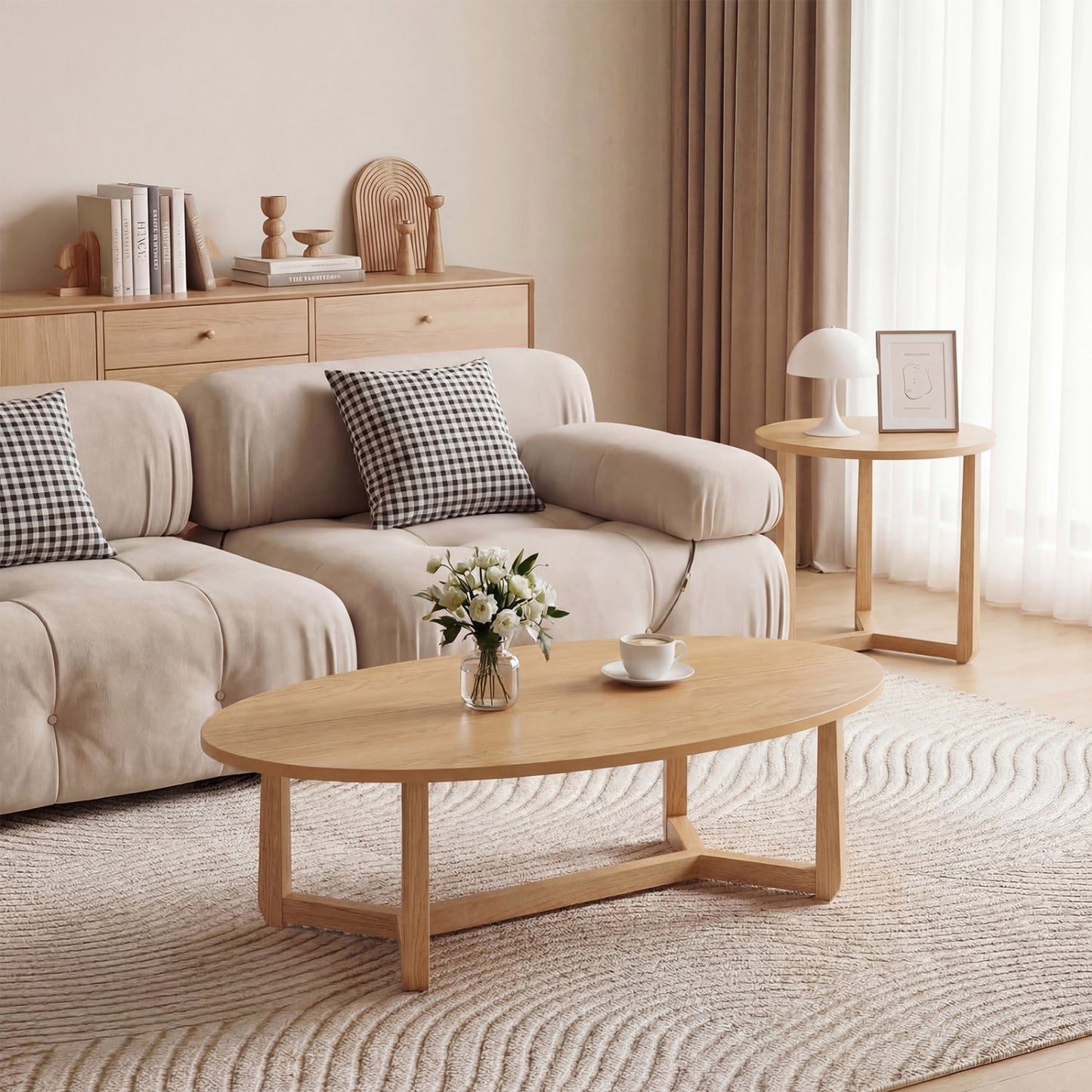 Nesting Coffee Table Set of 2 with Wood Veneered Top and Solid Rubber Wood Legs