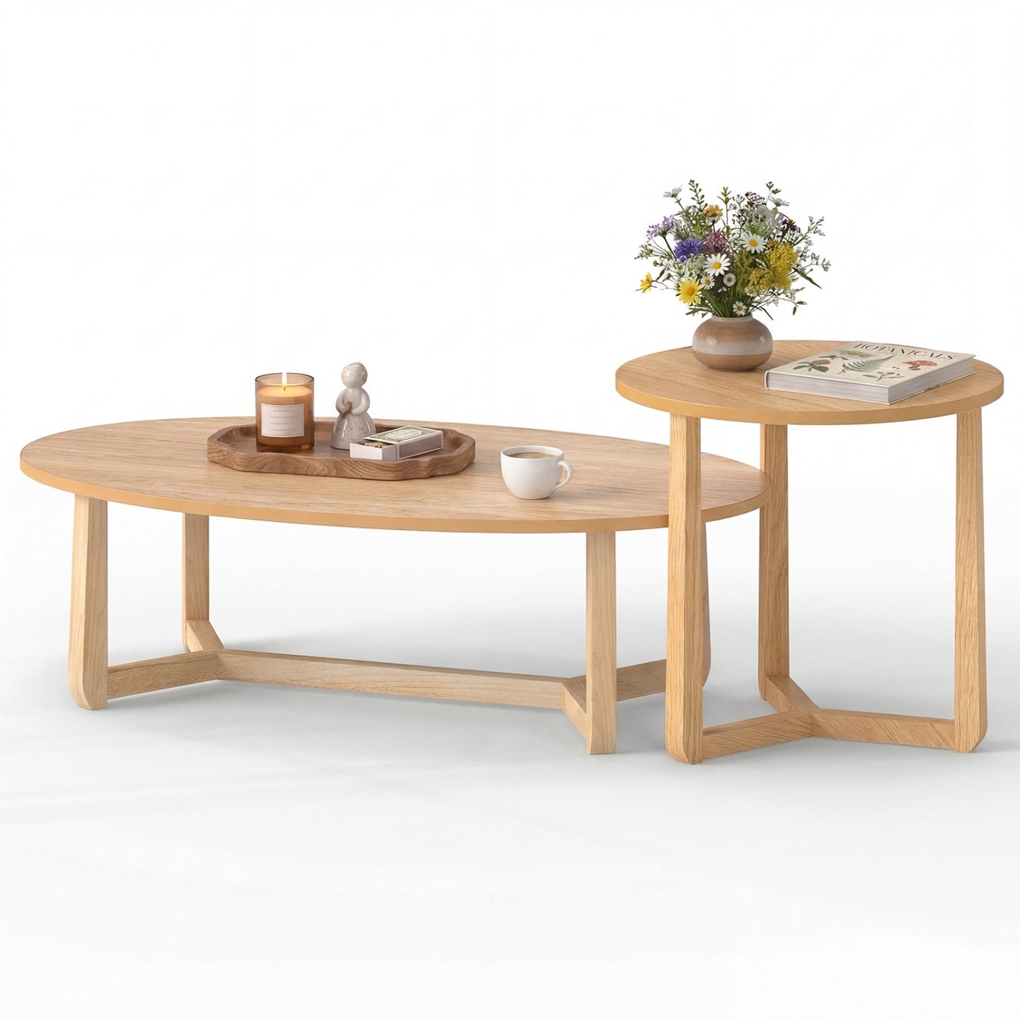 Nesting Coffee Table Set of 2 with Wood Veneered Top and Solid Rubber Wood Legs