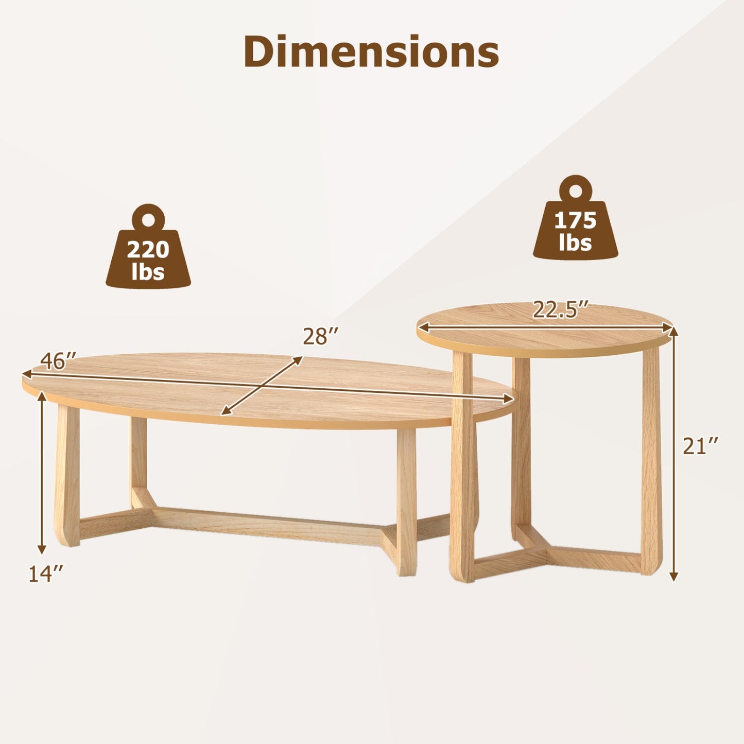 Nesting Coffee Table Set of 2 with Wood Veneered Top and Solid Rubber Wood Legs