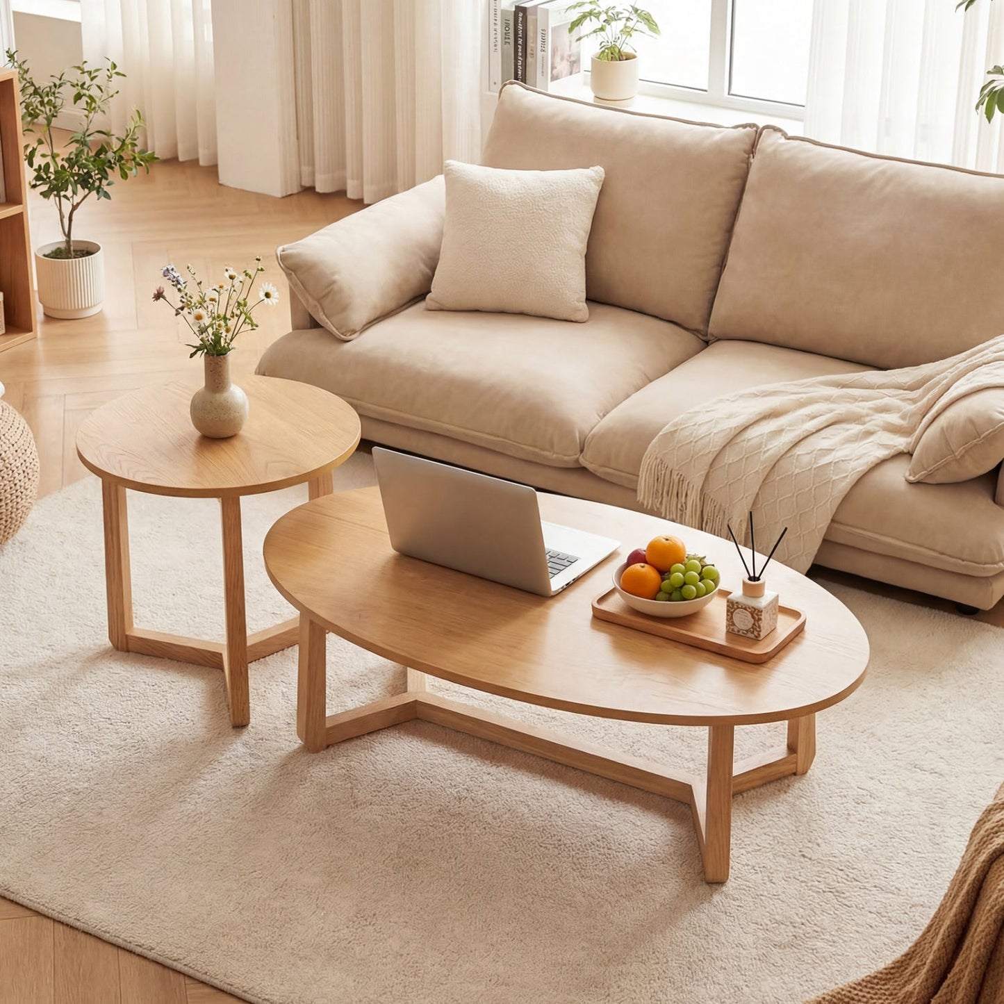 Nesting Coffee Table Set of 2 with Wood Veneered Top and Solid Rubber Wood Legs