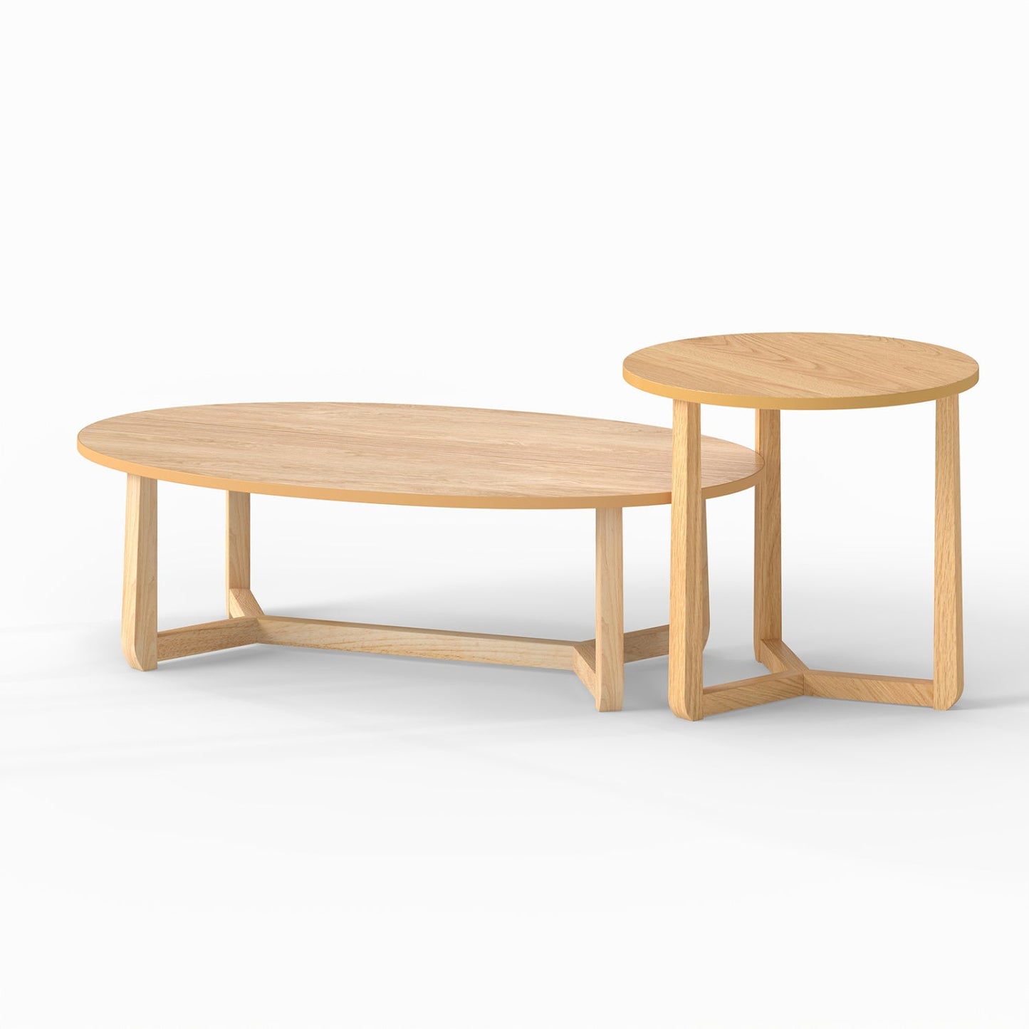 Nesting Coffee Table Set of 2 with Wood Veneered Top and Solid Rubber Wood Legs