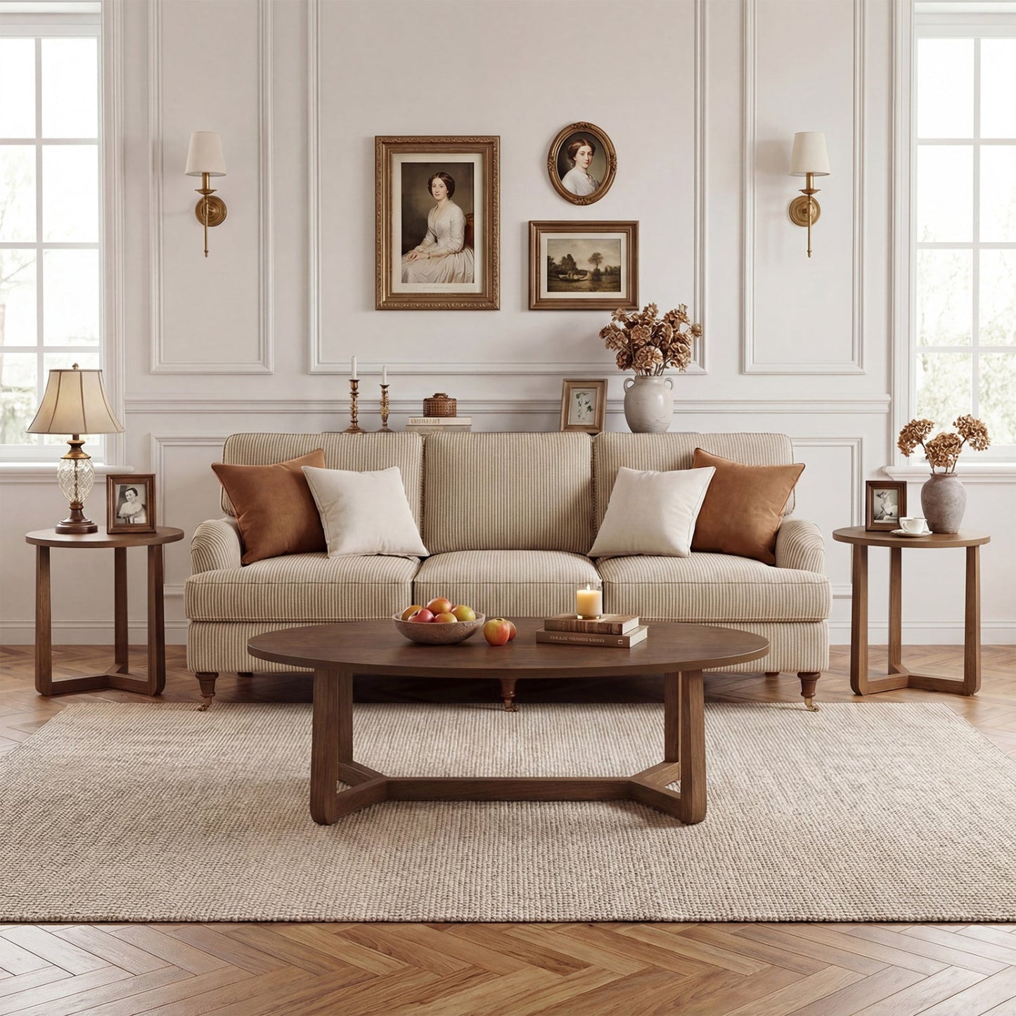 Nesting Coffee Table Set of 3 with Wood Veneered Top and Solid Rubber Wood Legs for Living Room