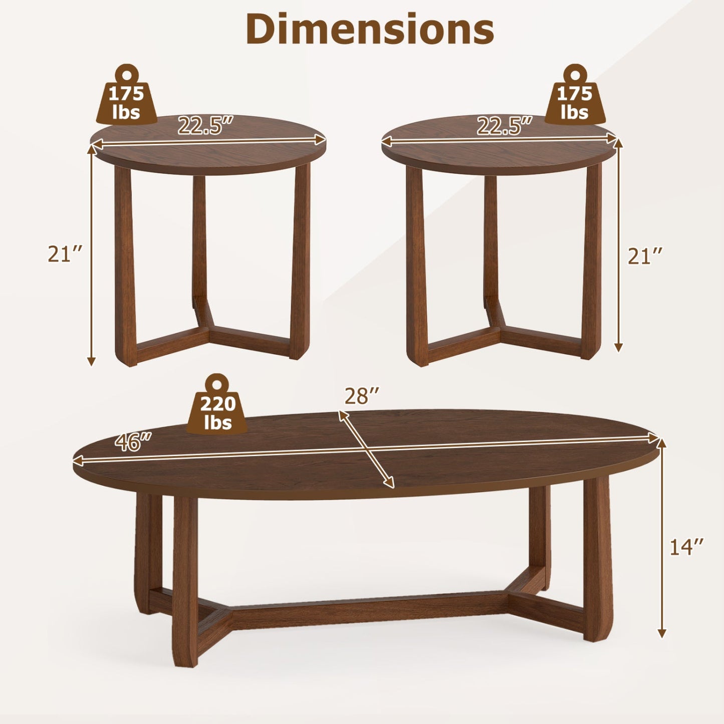 Nesting Coffee Table Set of 3 with Wood Veneered Top and Solid Rubber Wood Legs for Living Room