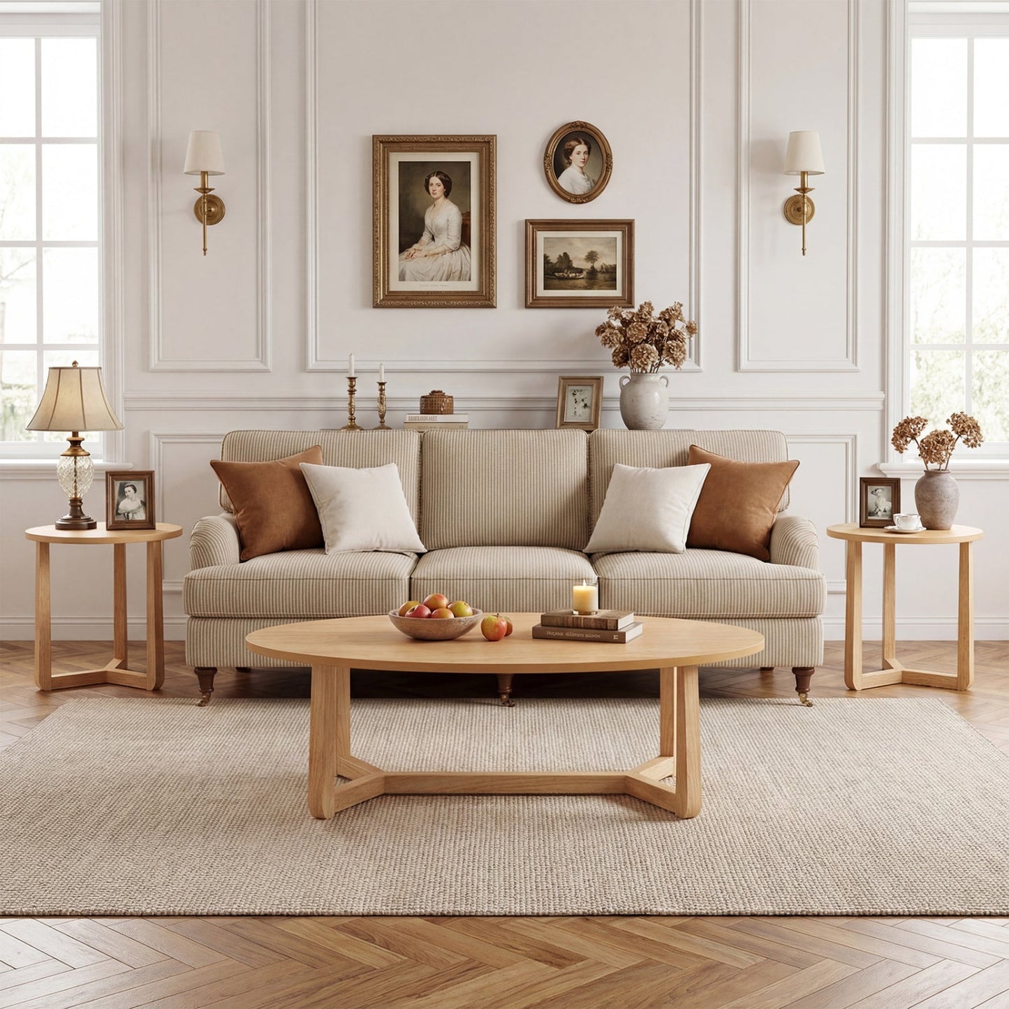 Nesting Coffee Table Set of 3 with Wood Veneered Top and Solid Rubber Wood Legs for Living Room