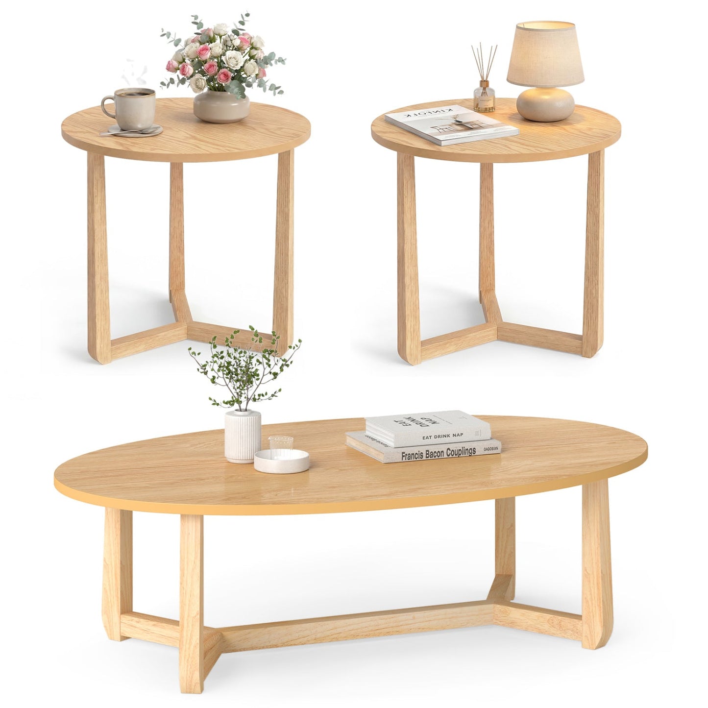 Nesting Coffee Table Set of 3 with Wood Veneered Top and Solid Rubber Wood Legs for Living Room