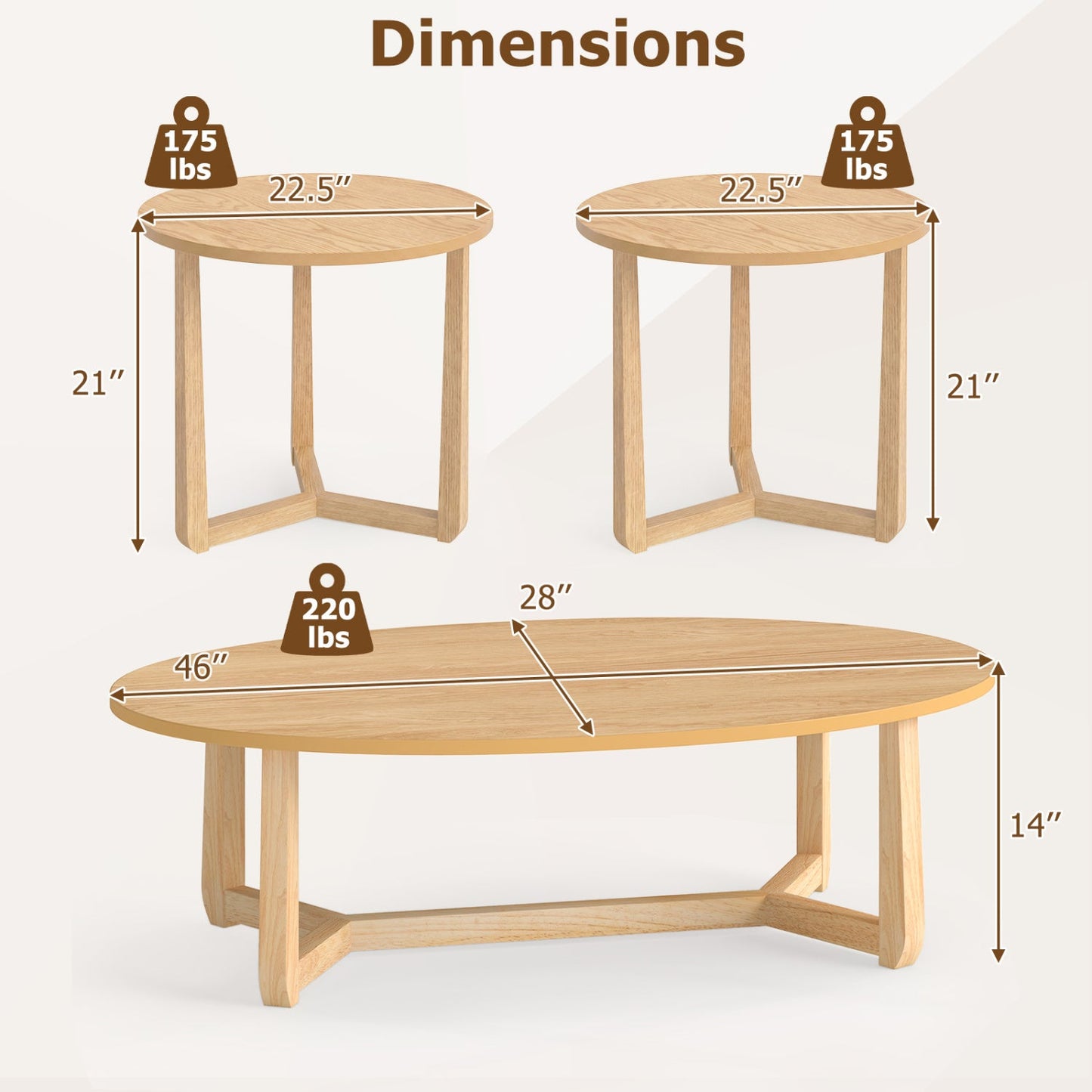 Nesting Coffee Table Set of 3 with Wood Veneered Top and Solid Rubber Wood Legs for Living Room